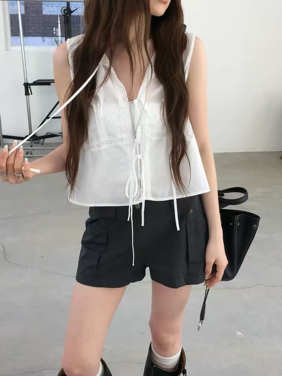 있음 선적 한 부서 얇고 가벼운 민소매 패치워크 레이스 레이스업 작은 셔츠
