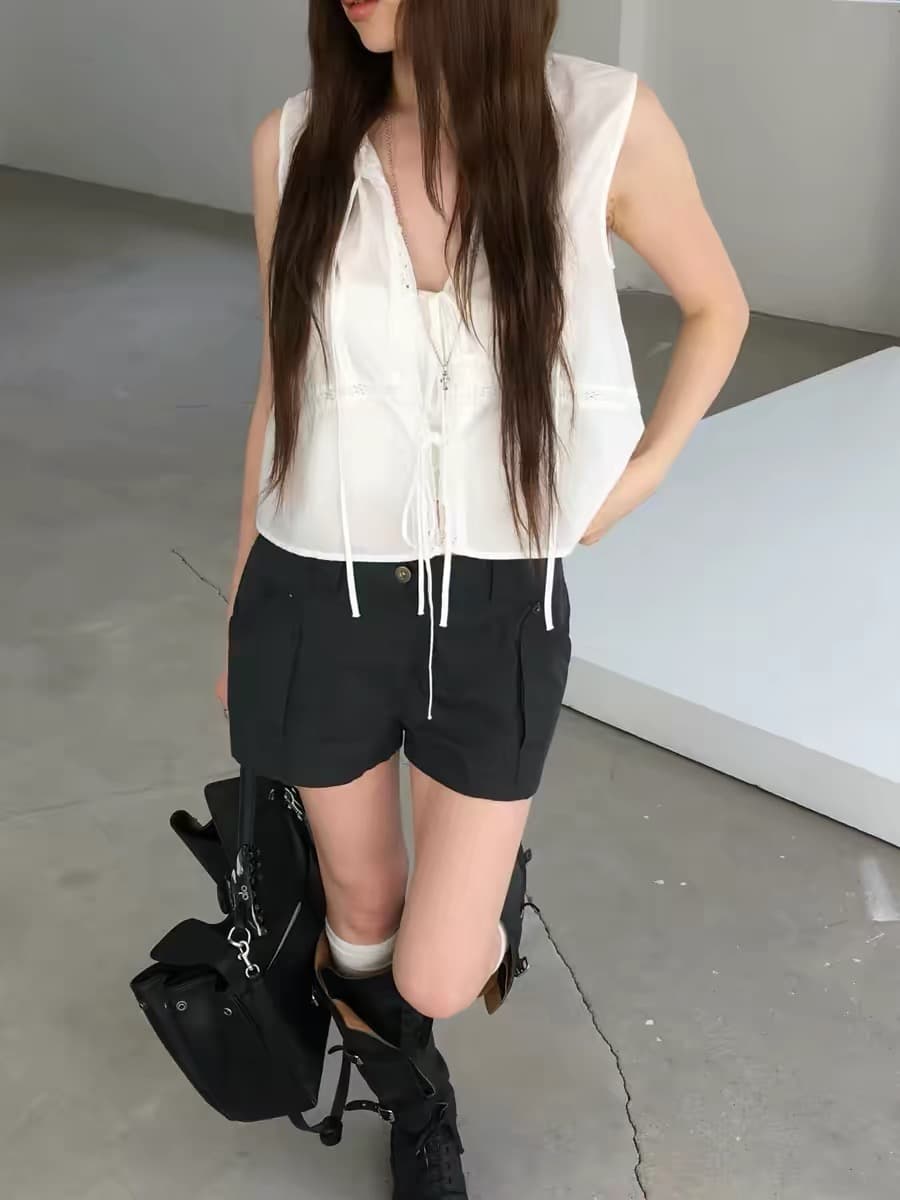 있음 선적 한 부서 얇고 가벼운 민소매 패치워크 레이스 레이스업 작은 셔츠 이미지 3