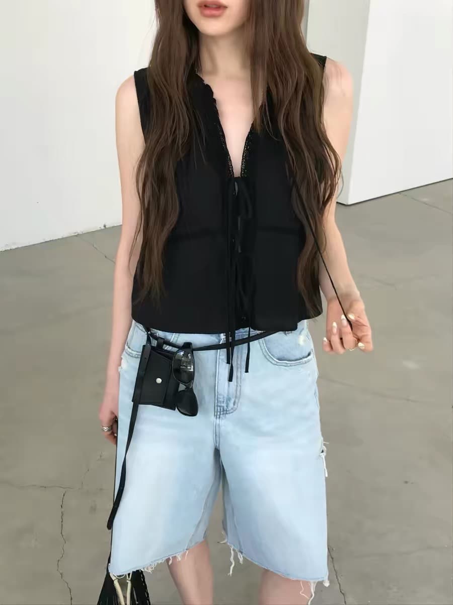있음 선적 한 부서 얇고 가벼운 민소매 패치워크 레이스 레이스업 작은 셔츠 이미지 2