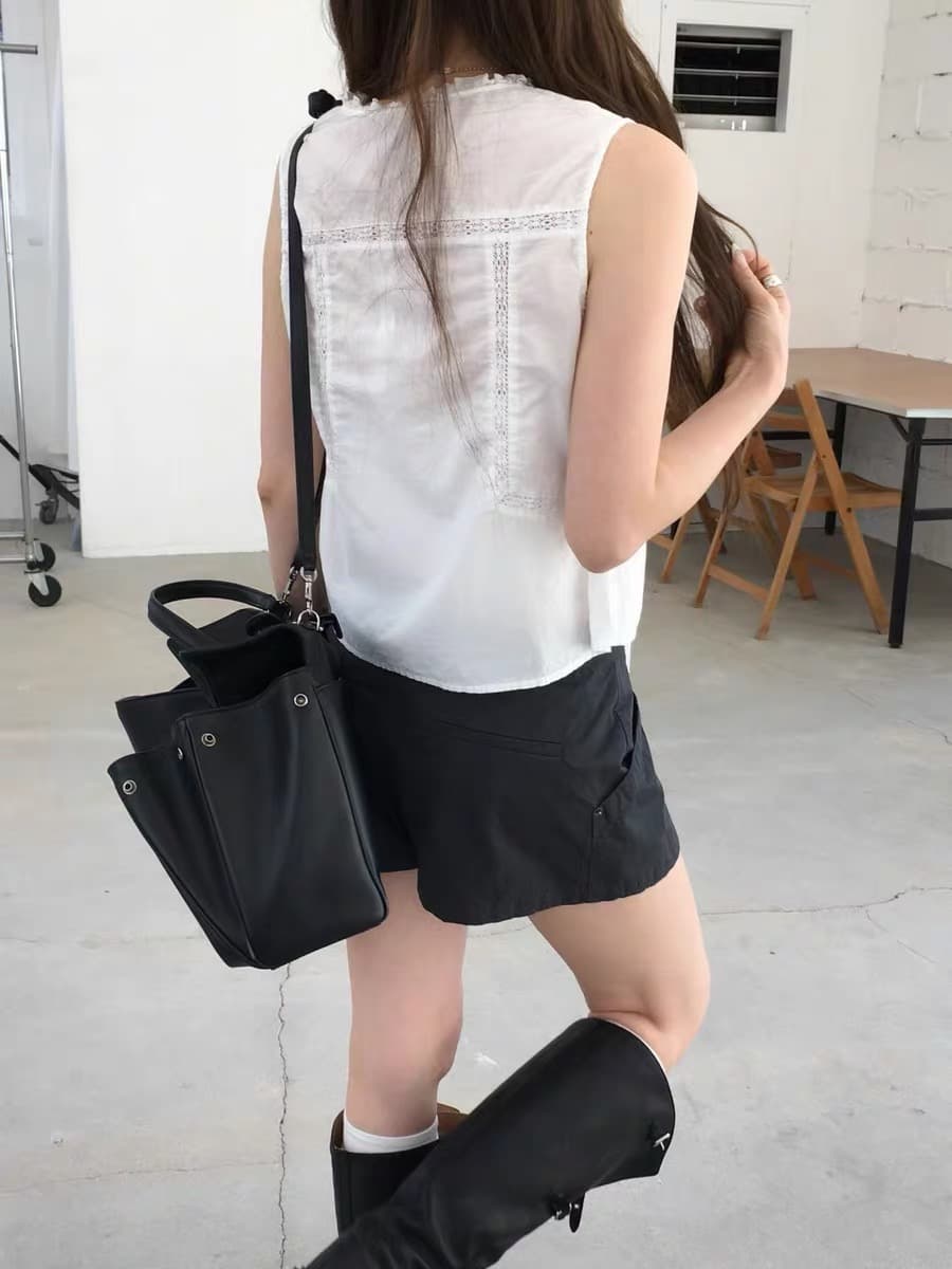있음 선적 한 부서 얇고 가벼운 민소매 패치워크 레이스 레이스업 작은 셔츠 상세 이미지 2
