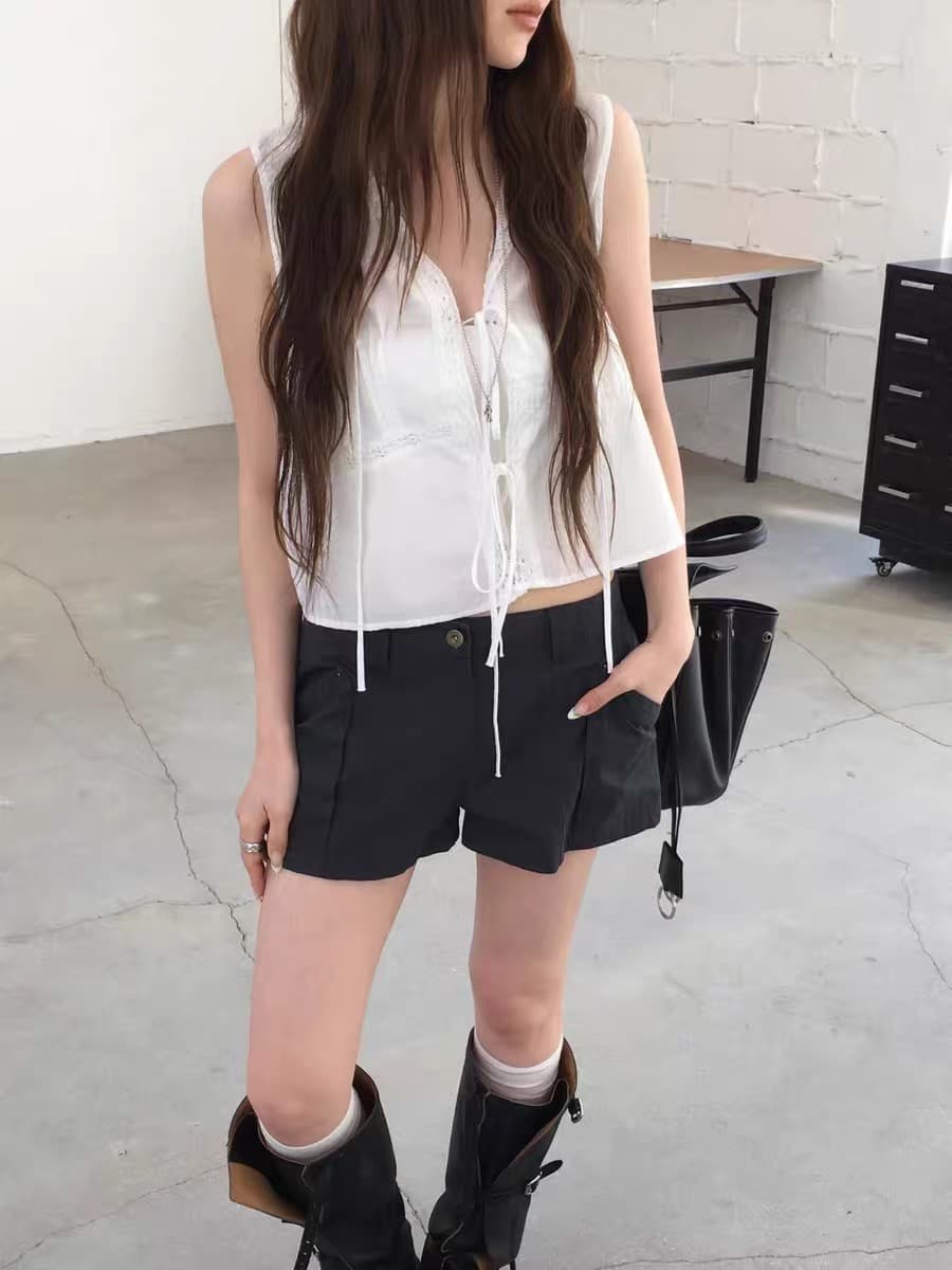 있음 선적 한 부서 얇고 가벼운 민소매 패치워크 레이스 레이스업 작은 셔츠 상세 이미지 4