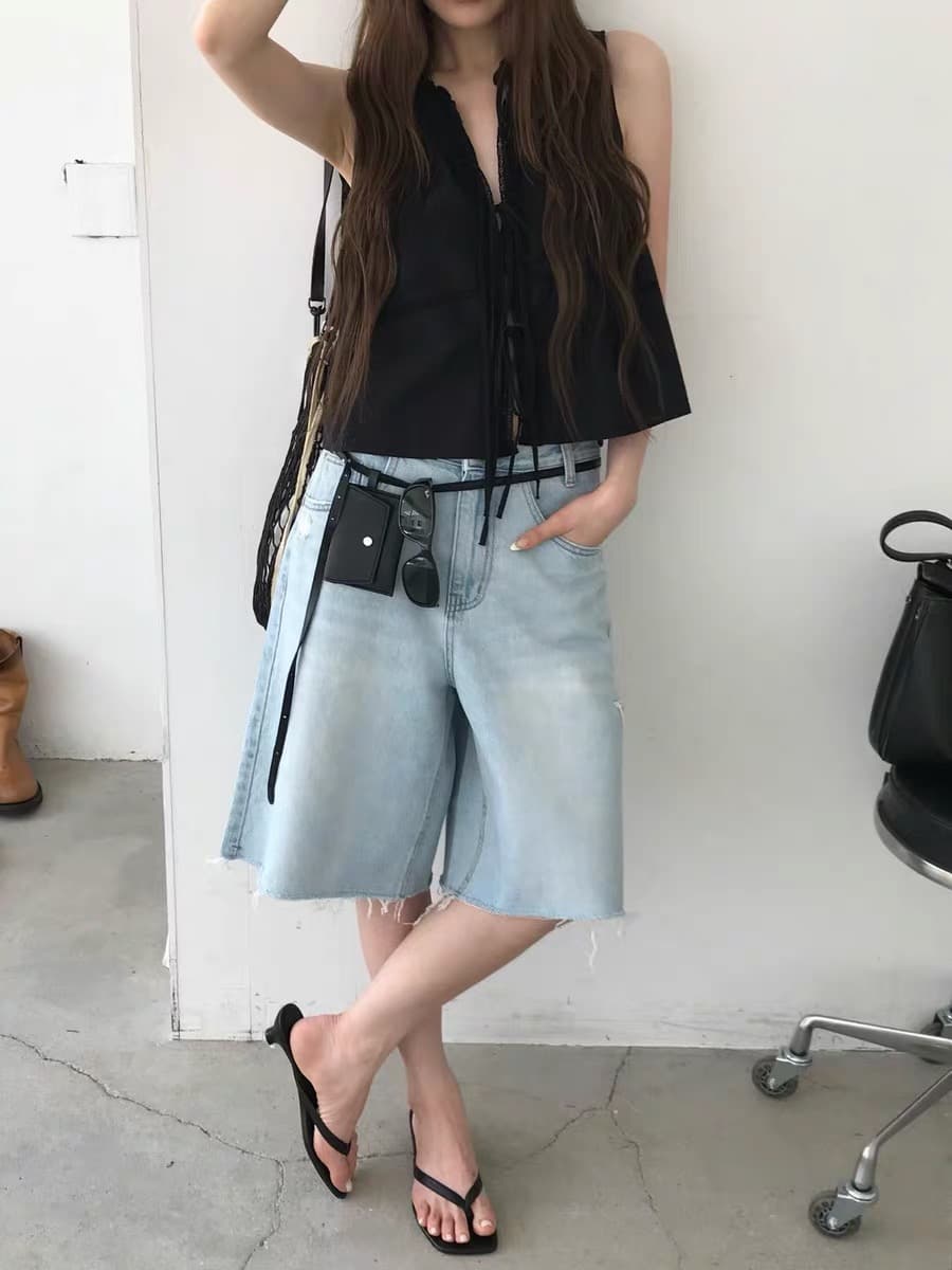 있음 선적 한 부서 얇고 가벼운 민소매 패치워크 레이스 레이스업 작은 셔츠 상세 이미지 8