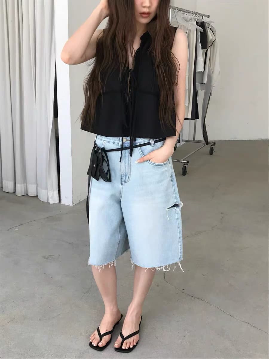 있음 선적 한 부서 얇고 가벼운 민소매 패치워크 레이스 레이스업 작은 셔츠 상세 이미지 9