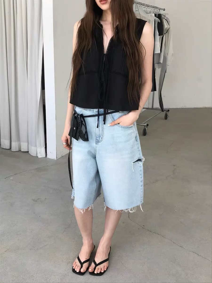 있음 선적 한 부서 얇고 가벼운 민소매 패치워크 레이스 레이스업 작은 셔츠 상세 이미지 10