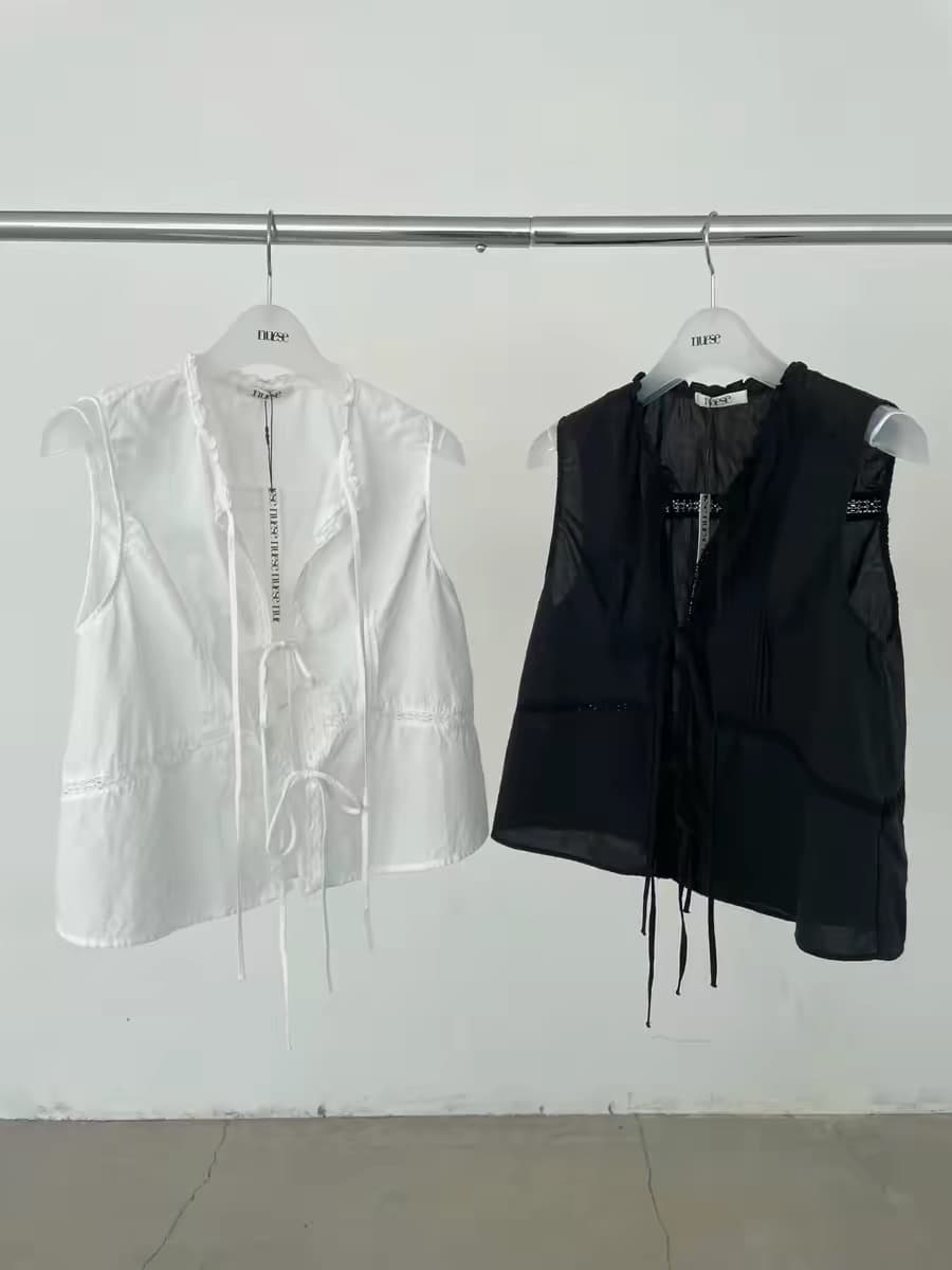 있음 선적 한 부서 얇고 가벼운 민소매 패치워크 레이스 레이스업 작은 셔츠 상세 이미지 11
