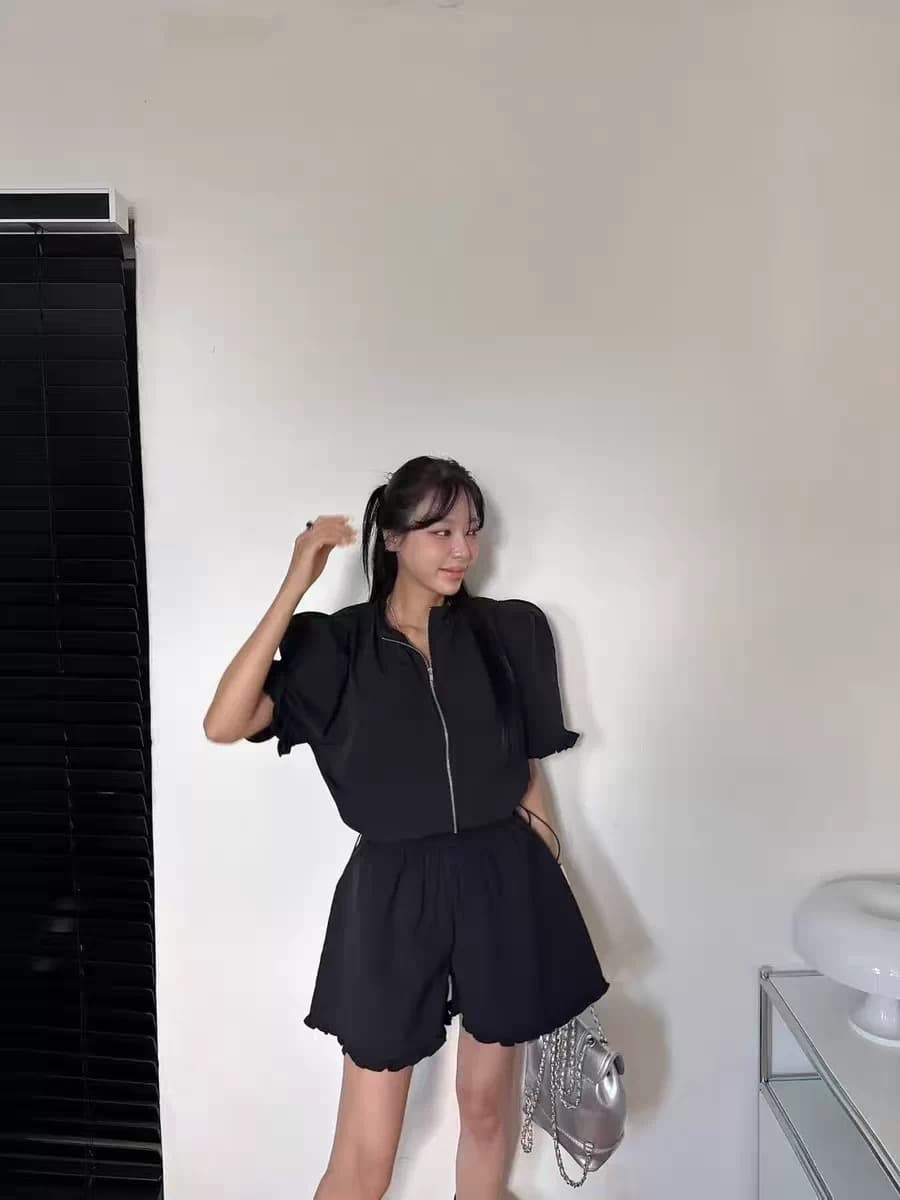 다용도 작은 대중 패션 반바지 반팔 스탠드 칼라 맨위 투피스 세트 상세 이미지 1