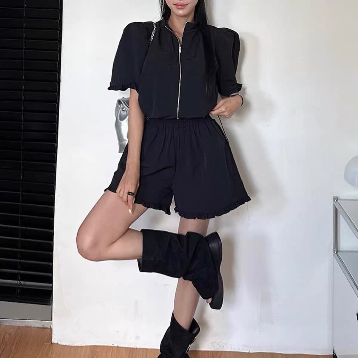 다용도 작은 대중 패션 반바지 반팔 스탠드 칼라 맨위 투피스 세트 상세 이미지 2