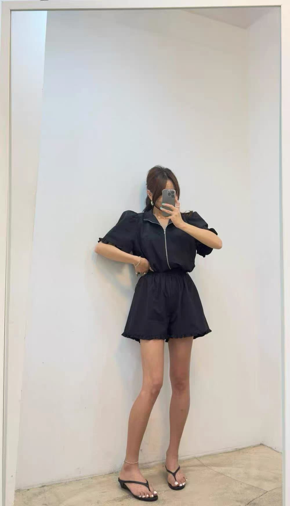 다용도 작은 대중 패션 반바지 반팔 스탠드 칼라 맨위 투피스 세트 상세 이미지 7