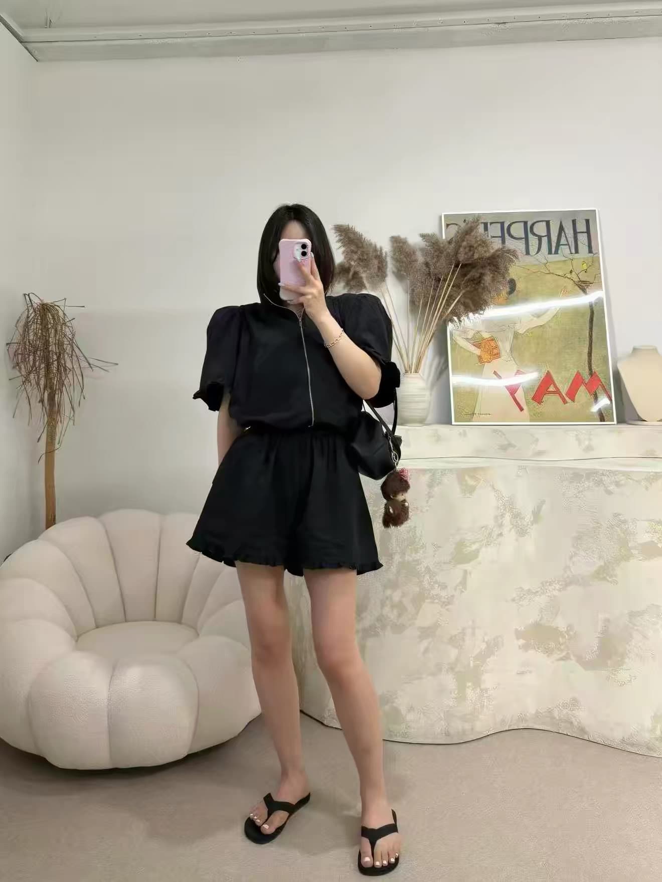 다용도 작은 대중 패션 반바지 반팔 스탠드 칼라 맨위 투피스 세트 상세 이미지 10