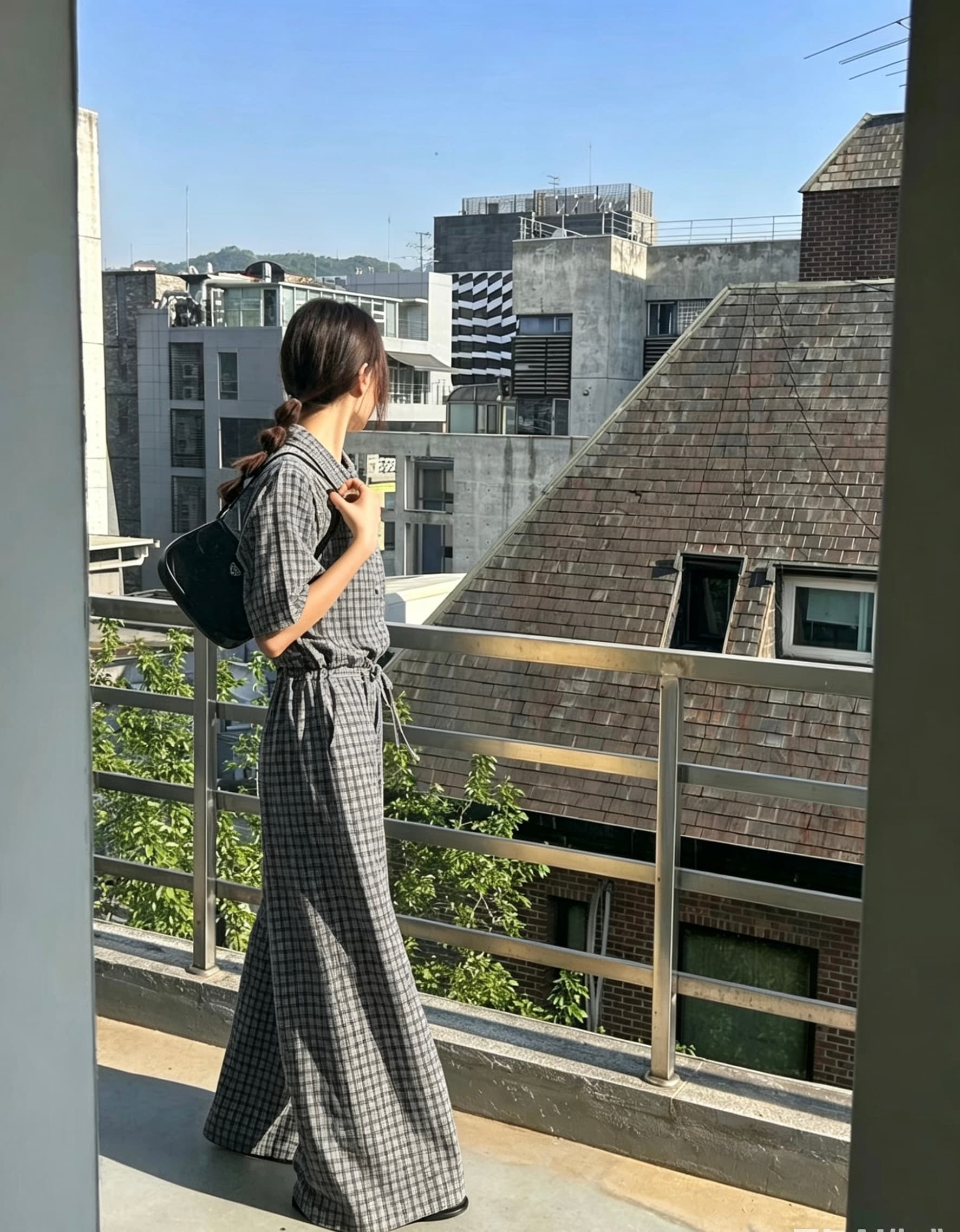 있음 선적 반팔 싱글 줄 버튼 여름 체크무늬 올인원 바지 상세 이미지 4