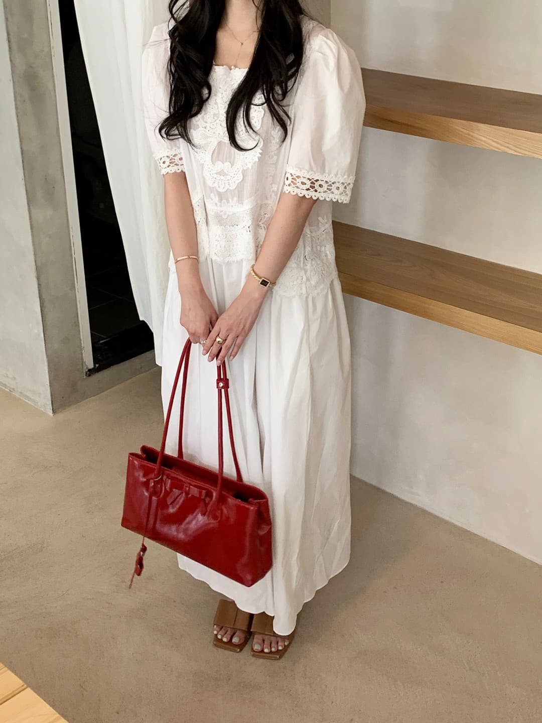 한 부서 미니멀리즘 자수 물결무늬 측면 반팔 큰 진자 드레스 이미지 3