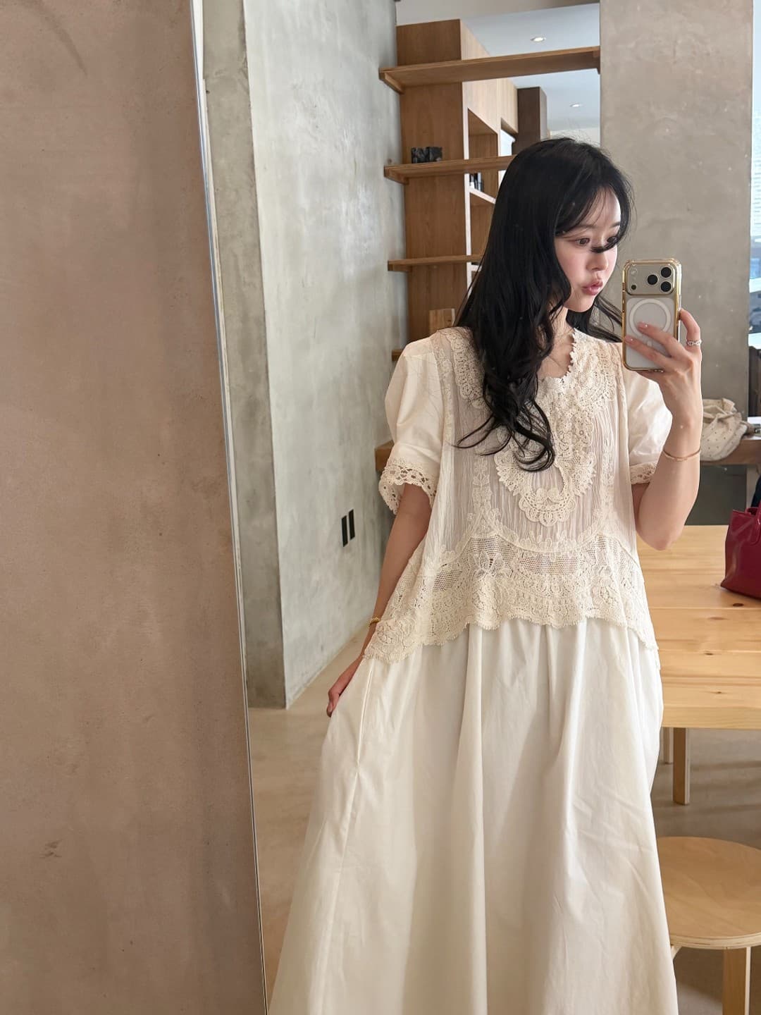 한 부서 미니멀리즘 자수 물결무늬 측면 반팔 큰 진자 드레스 상세 이미지 2