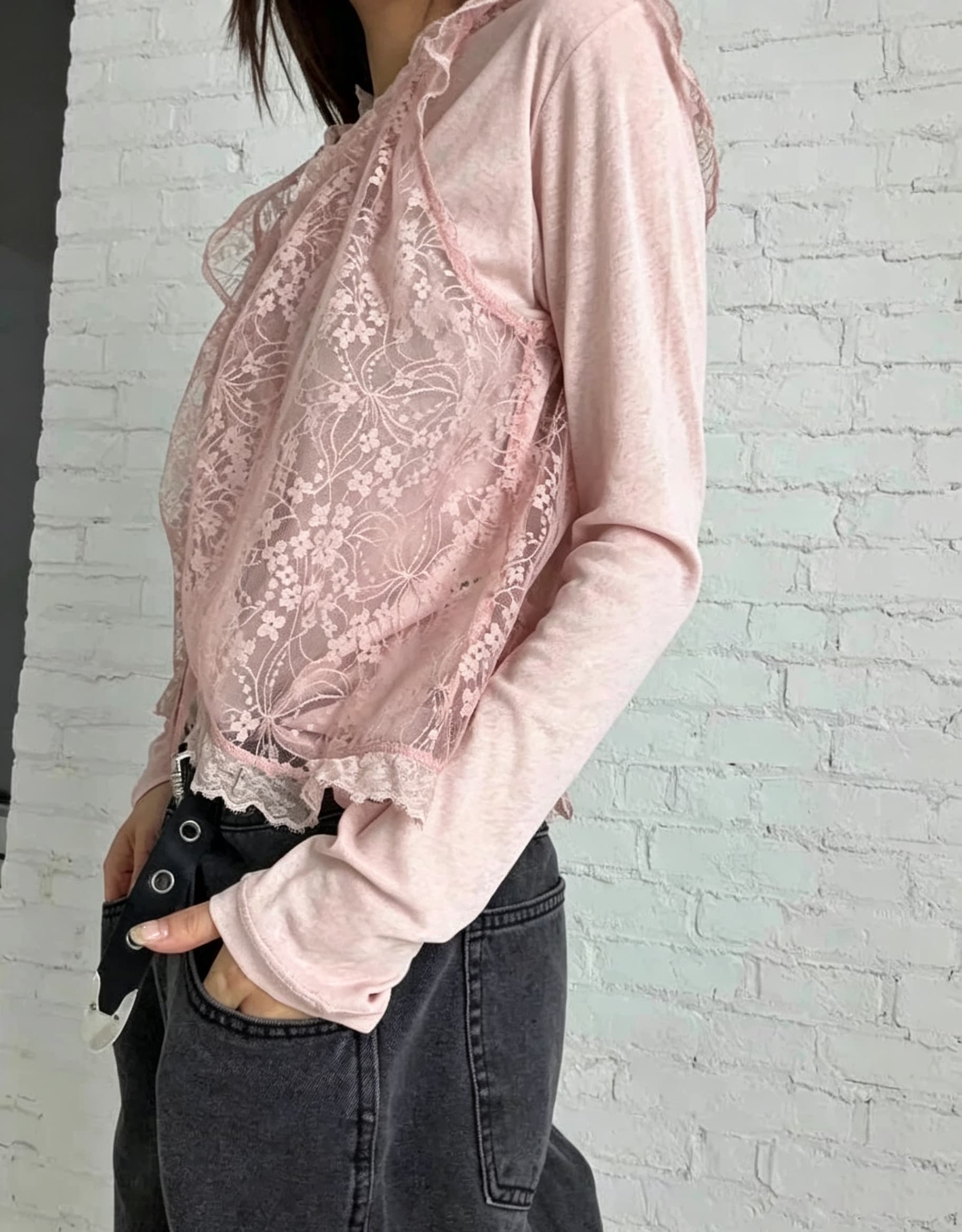있음 선적 chic 다용도 작은 대중 패션 레이스 홀로우 아웃 셔츠 이미지 4
