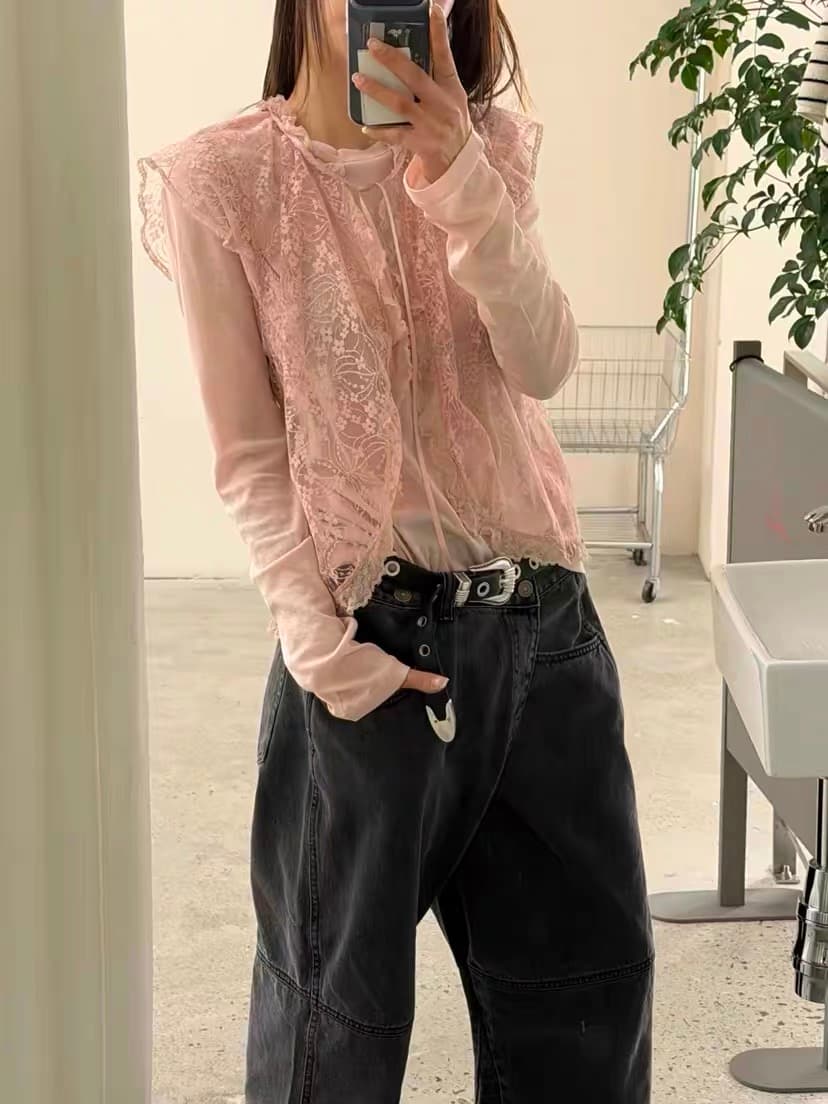 있음 선적 chic 다용도 작은 대중 패션 레이스 홀로우 아웃 셔츠 상세 이미지 5