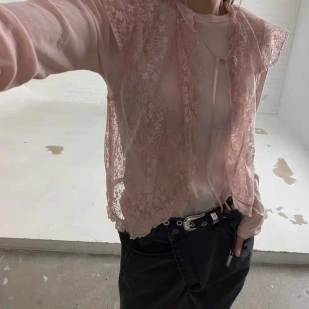 있음 선적 chic 다용도 작은 대중 패션 레이스 홀로우 아웃 셔츠 상세 이미지 6