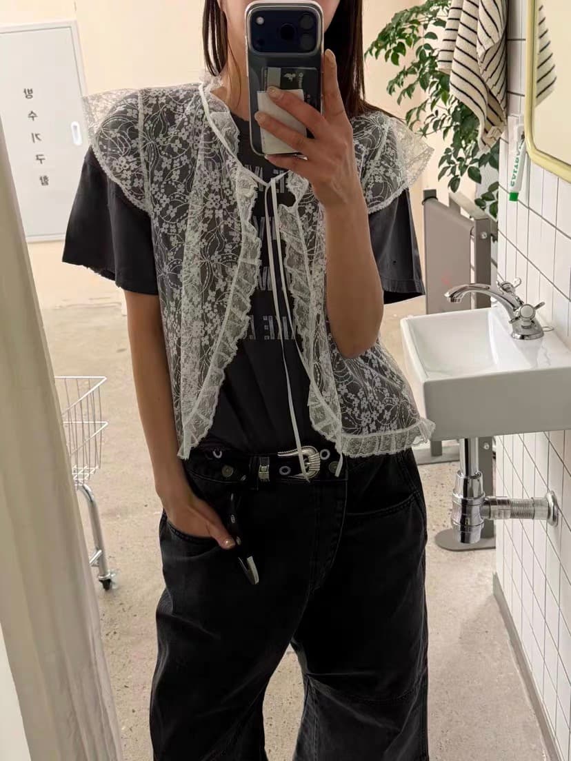 있음 선적 chic 다용도 작은 대중 패션 레이스 홀로우 아웃 셔츠 상세 이미지 10