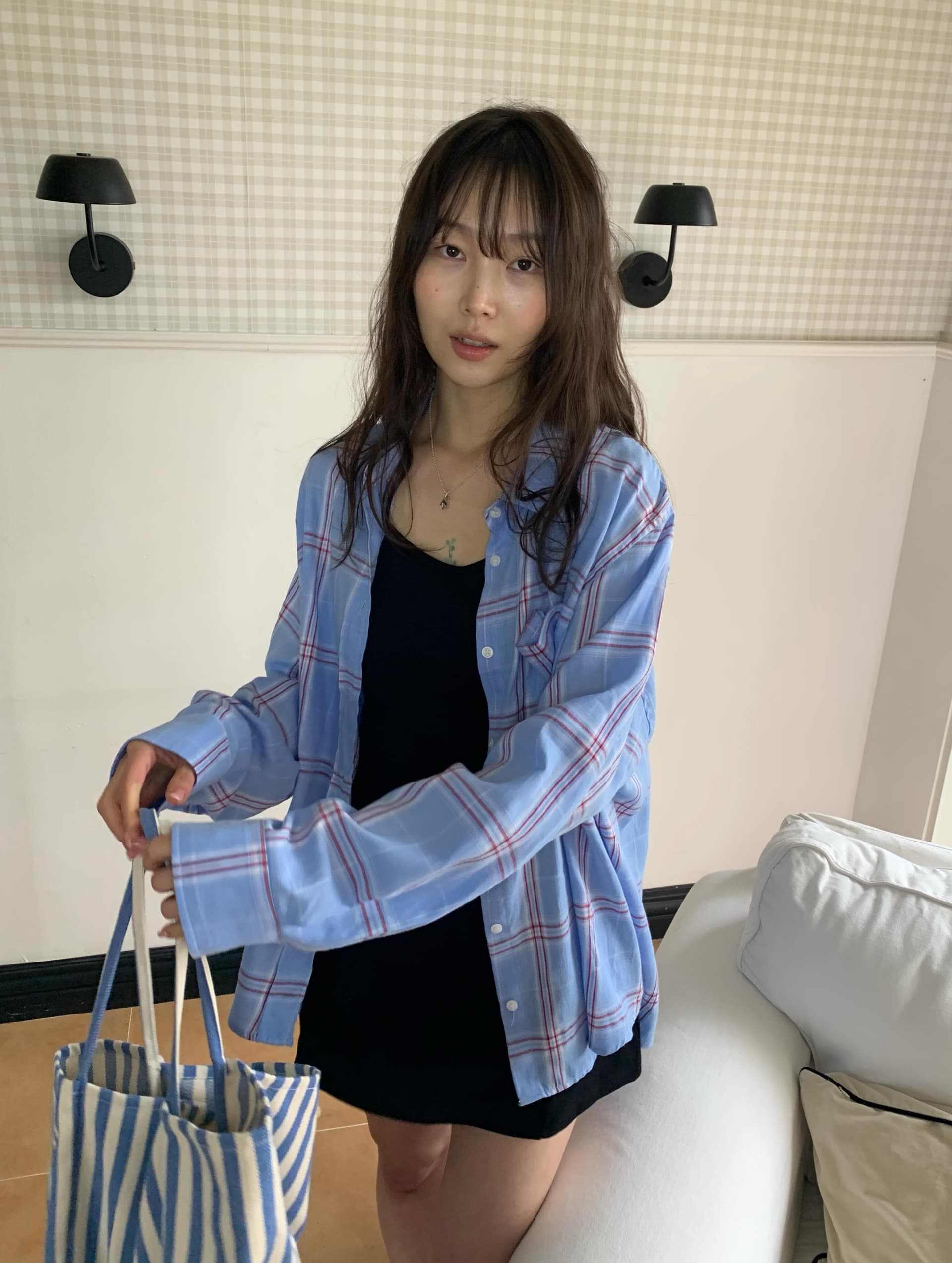 있음 선적 chic 다용도 작은 대중 패션 체크무늬 특출 한 다용도 셔츠 긴팔 맨위 BF 바람 이미지 3