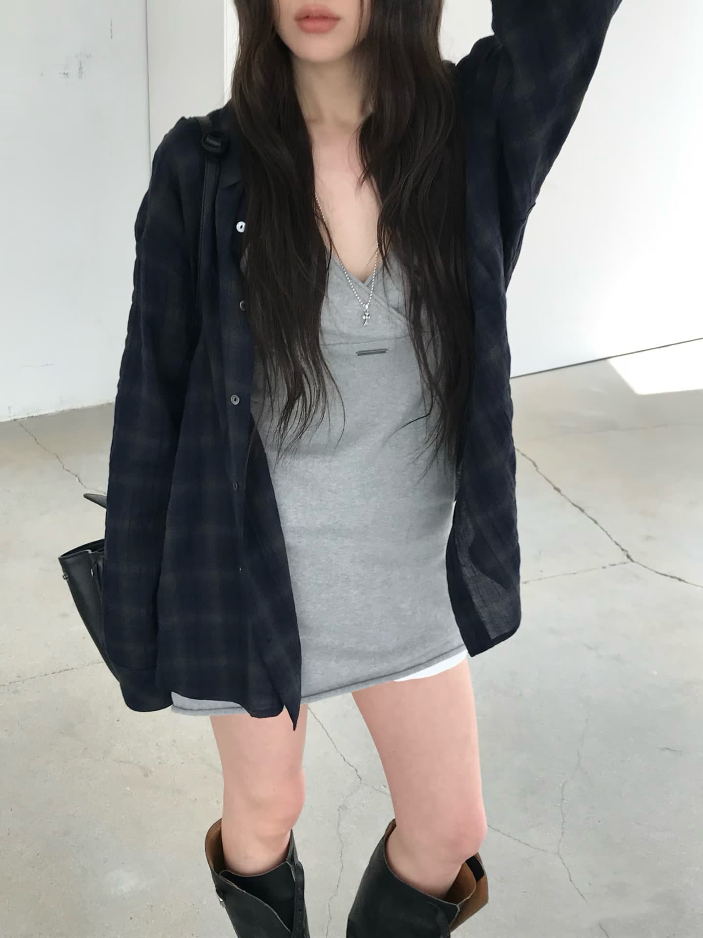 한 부서 동대문 십자가 디자인 슬립 드레스 체크무늬 셔츠 투피스 세트 이미지 3