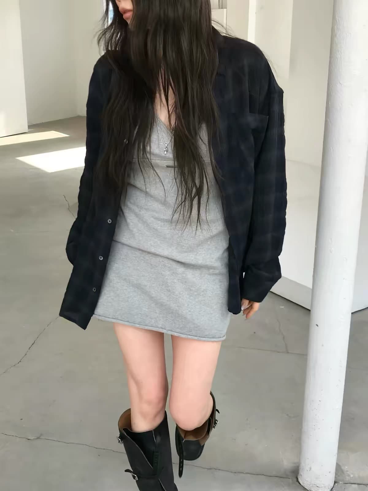 한 부서 동대문 십자가 디자인 슬립 드레스 체크무늬 셔츠 투피스 세트 상세 이미지 8