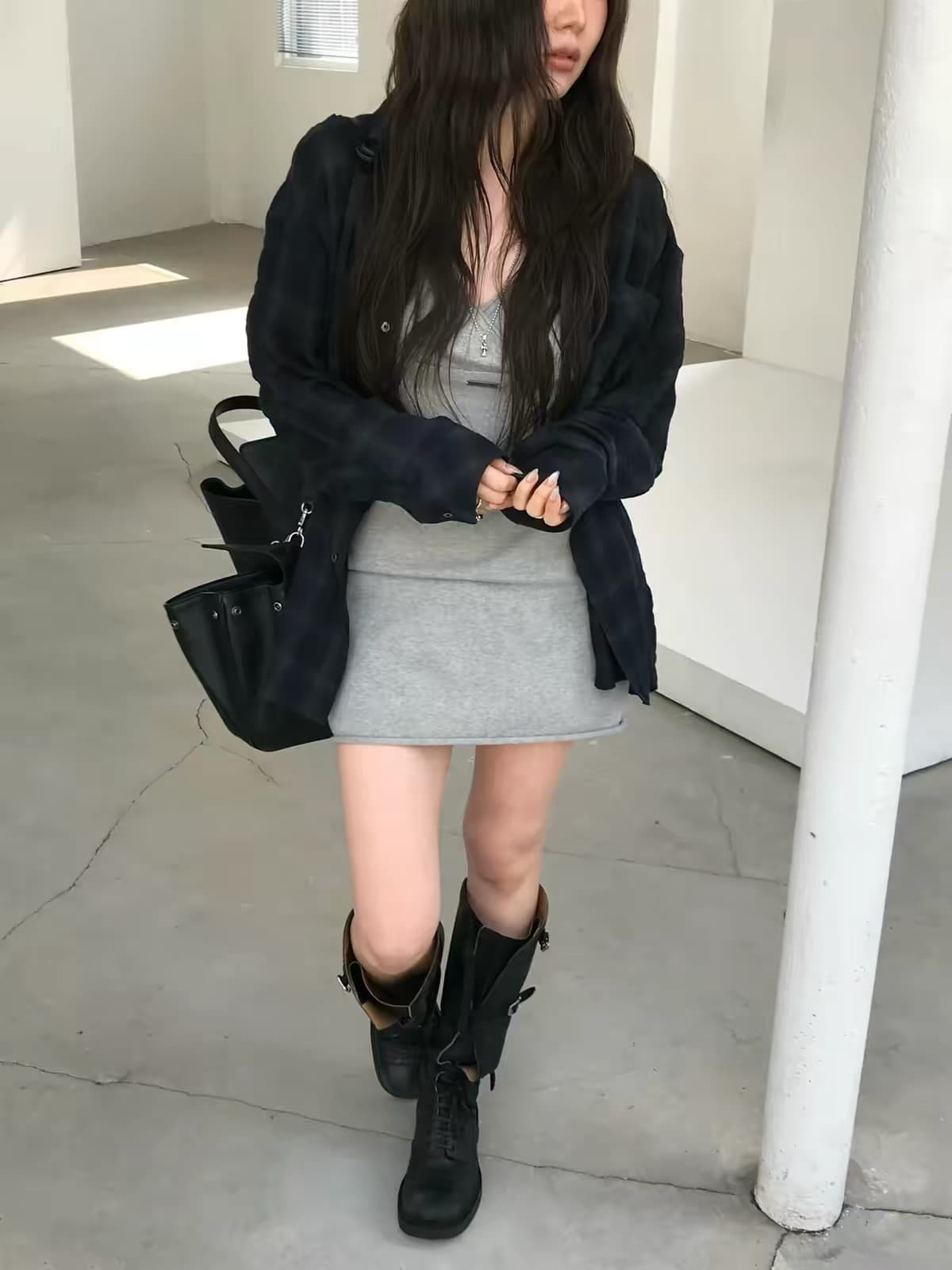 한 부서 동대문 십자가 디자인 슬립 드레스 체크무늬 셔츠 투피스 세트 상세 이미지 9