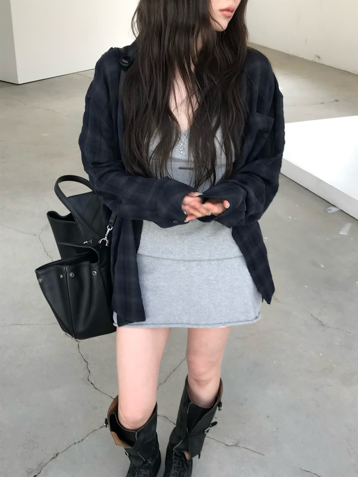 한 부서 동대문 십자가 디자인 슬립 드레스 체크무늬 셔츠 투피스 세트 상세 이미지 10