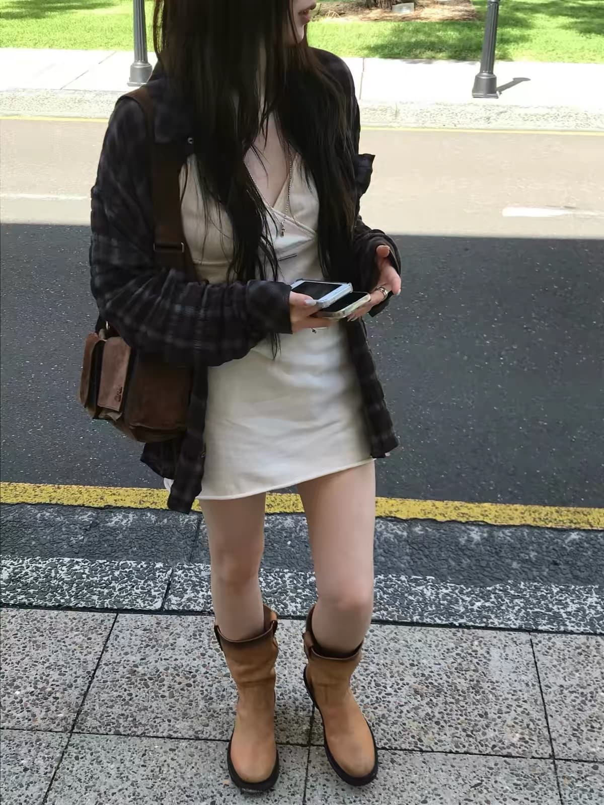 한 부서 동대문 십자가 디자인 슬립 드레스 체크무늬 셔츠 투피스 세트 상세 이미지 19