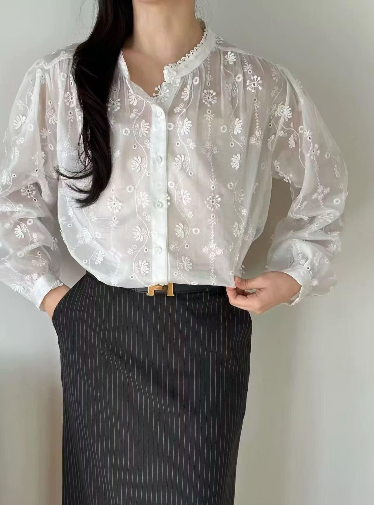 있음 선적 chic 다용도 작은 대중 패션 무거운 작업 자수 긴팔 셔츠 스탠드 칼라 셔츠 이미지 3