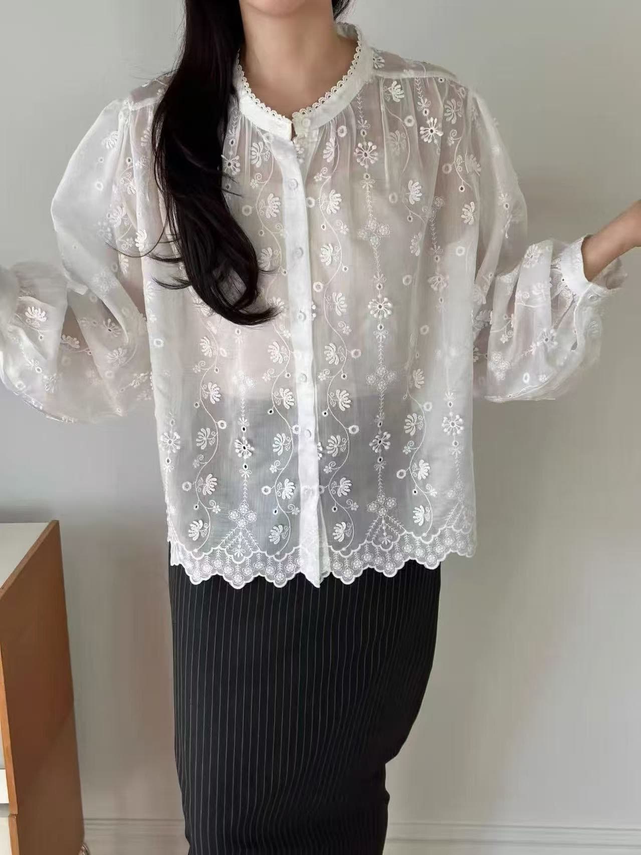 있음 선적 chic 다용도 작은 대중 패션 무거운 작업 자수 긴팔 셔츠 스탠드 칼라 셔츠 상세 이미지 3