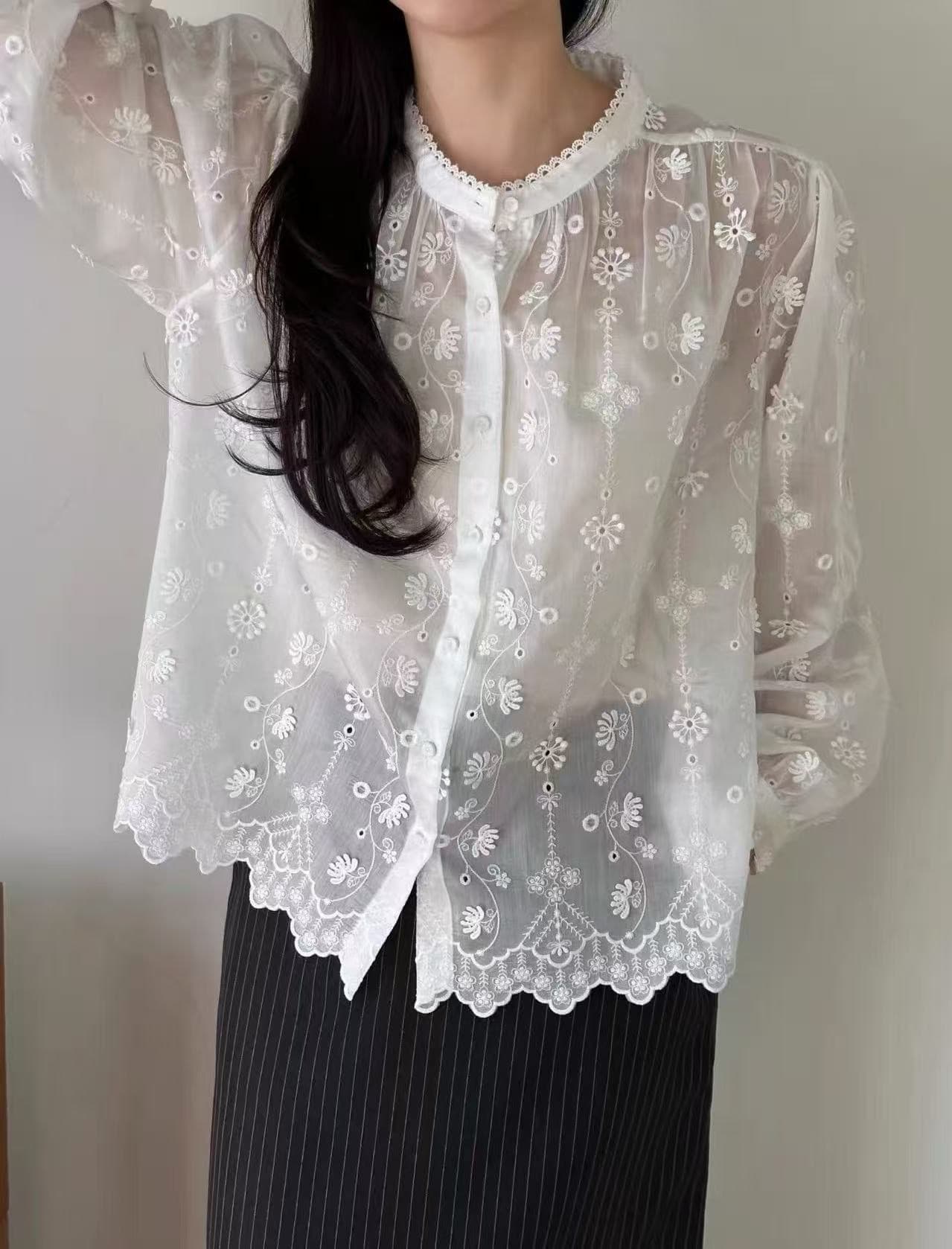 있음 선적 chic 다용도 작은 대중 패션 무거운 작업 자수 긴팔 셔츠 스탠드 칼라 셔츠 상세 이미지 4