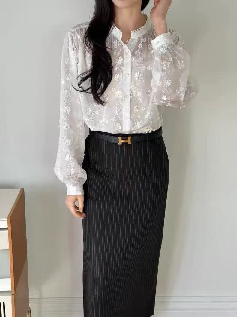있음 선적 chic 다용도 작은 대중 패션 무거운 작업 자수 긴팔 셔츠 스탠드 칼라 셔츠 상세 이미지 6