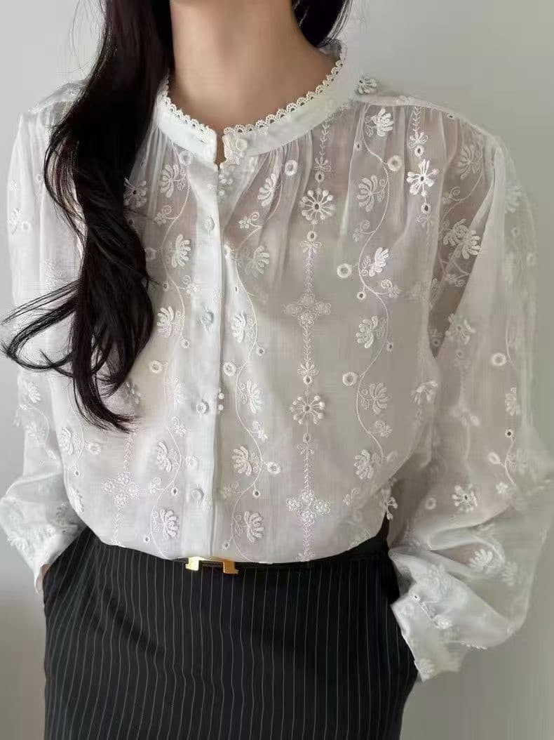 있음 선적 chic 다용도 작은 대중 패션 무거운 작업 자수 긴팔 셔츠 스탠드 칼라 셔츠 상세 이미지 7