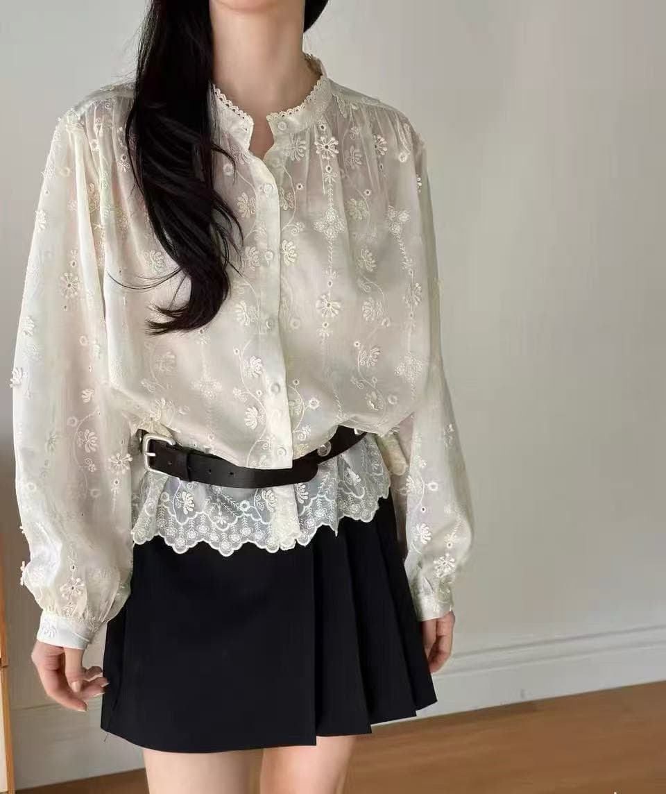 있음 선적 chic 다용도 작은 대중 패션 무거운 작업 자수 긴팔 셔츠 스탠드 칼라 셔츠 상세 이미지 8