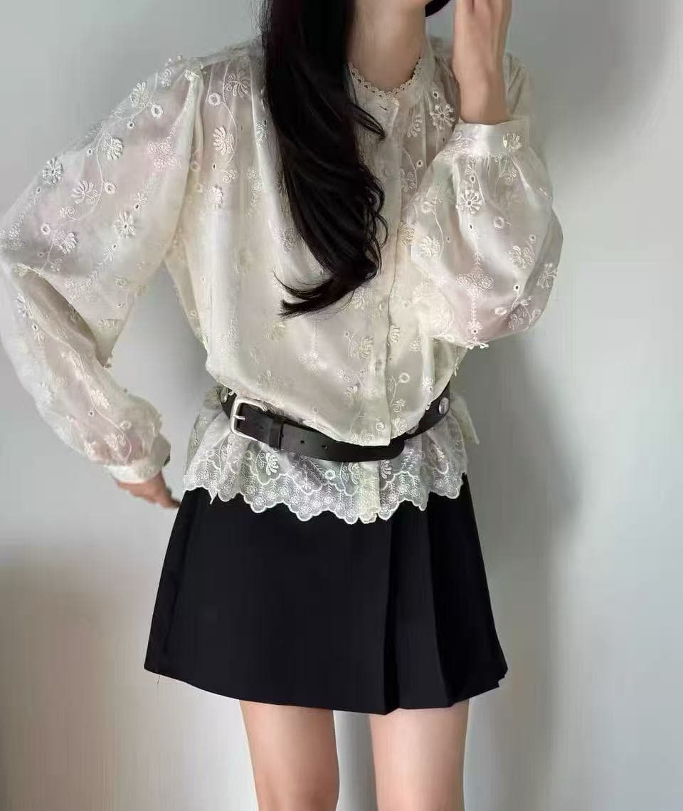 있음 선적 chic 다용도 작은 대중 패션 무거운 작업 자수 긴팔 셔츠 스탠드 칼라 셔츠 상세 이미지 9