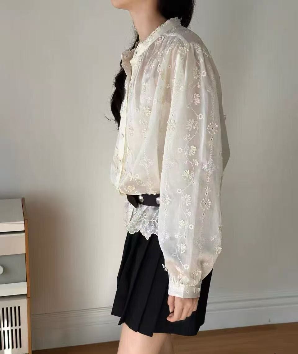 있음 선적 chic 다용도 작은 대중 패션 무거운 작업 자수 긴팔 셔츠 스탠드 칼라 셔츠 상세 이미지 11