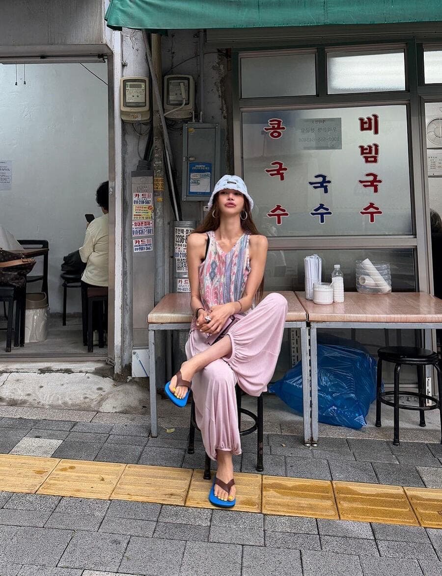 작은 대중 패션 민소매 조끼 세트 7 분말 바지 캐주얼 바지 상세 이미지 4