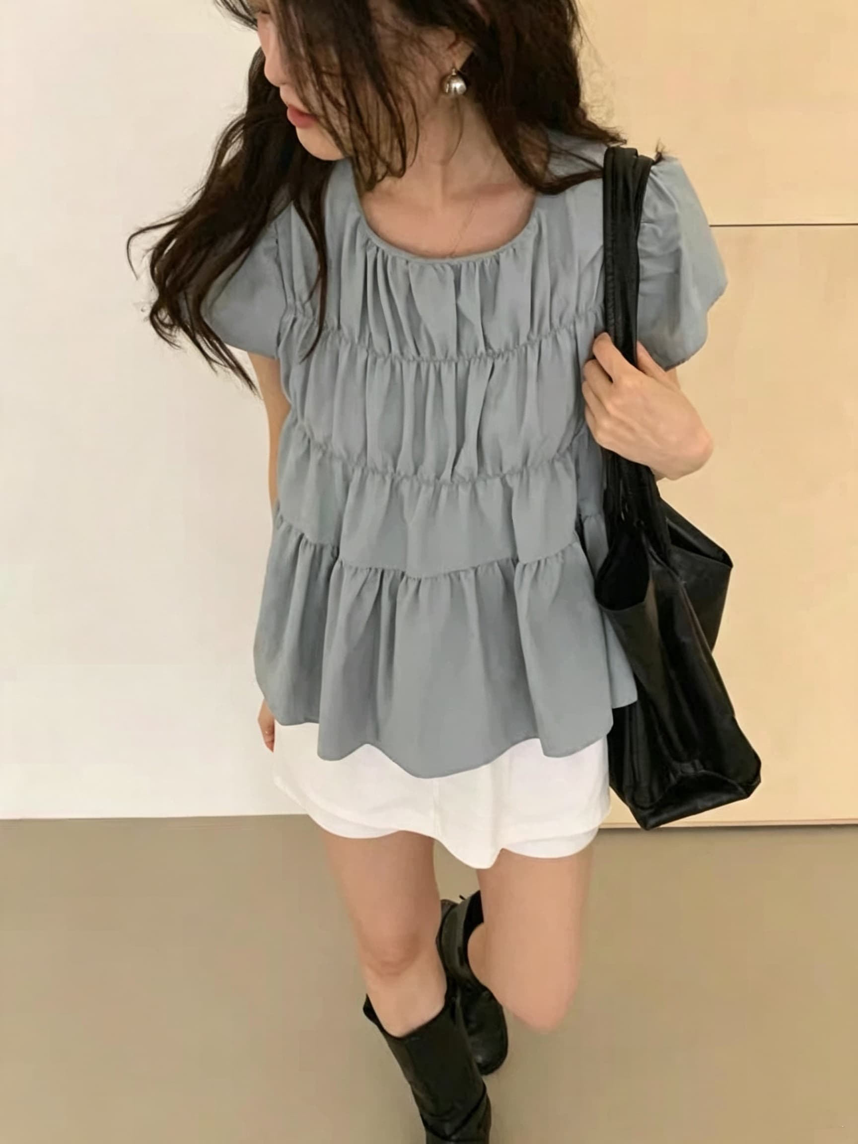 있음 선적 작은 대중 패션 chic 다용도 주름 장식 센스 라운드 넥 반팔 셔츠