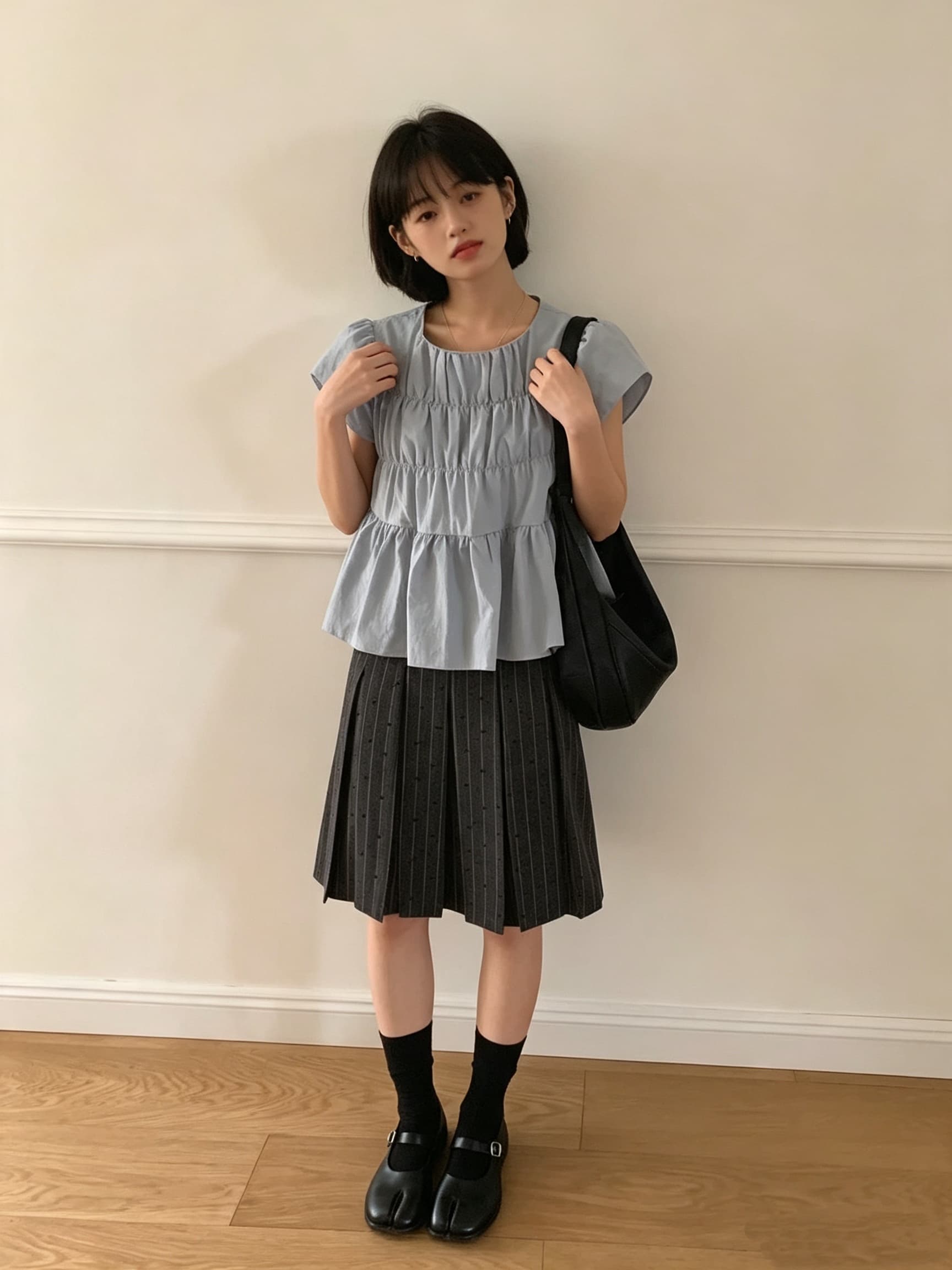 있음 선적 작은 대중 패션 chic 다용도 주름 장식 센스 라운드 넥 반팔 셔츠 상세 이미지 5