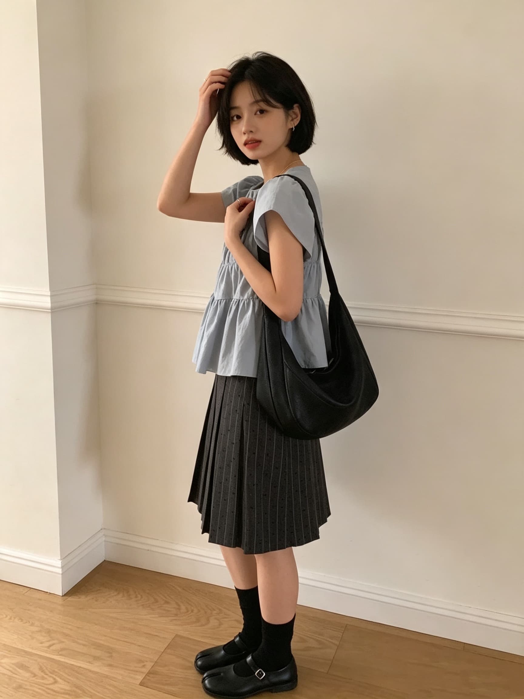 있음 선적 작은 대중 패션 chic 다용도 주름 장식 센스 라운드 넥 반팔 셔츠 상세 이미지 6