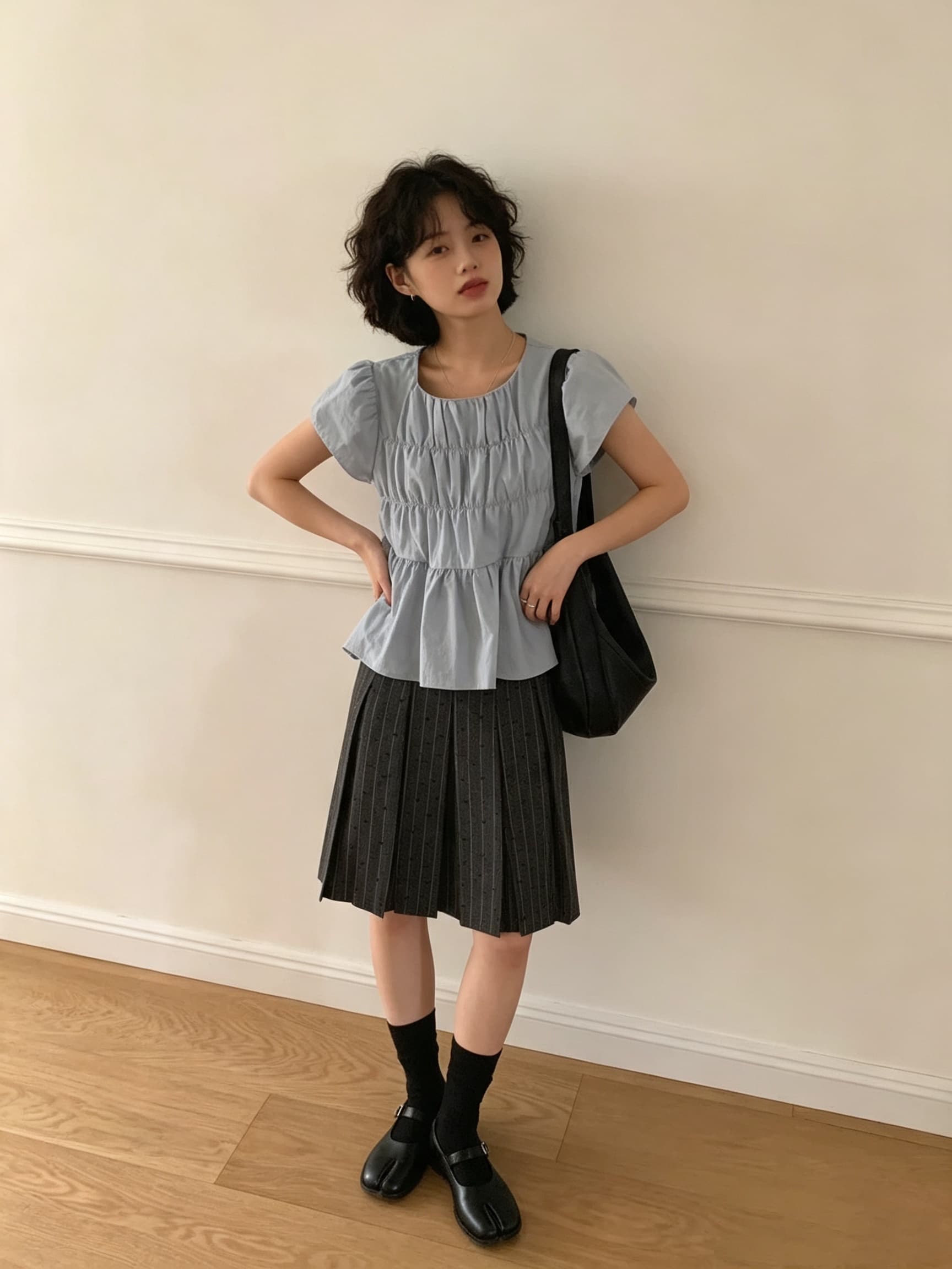 있음 선적 작은 대중 패션 chic 다용도 주름 장식 센스 라운드 넥 반팔 셔츠 상세 이미지 7