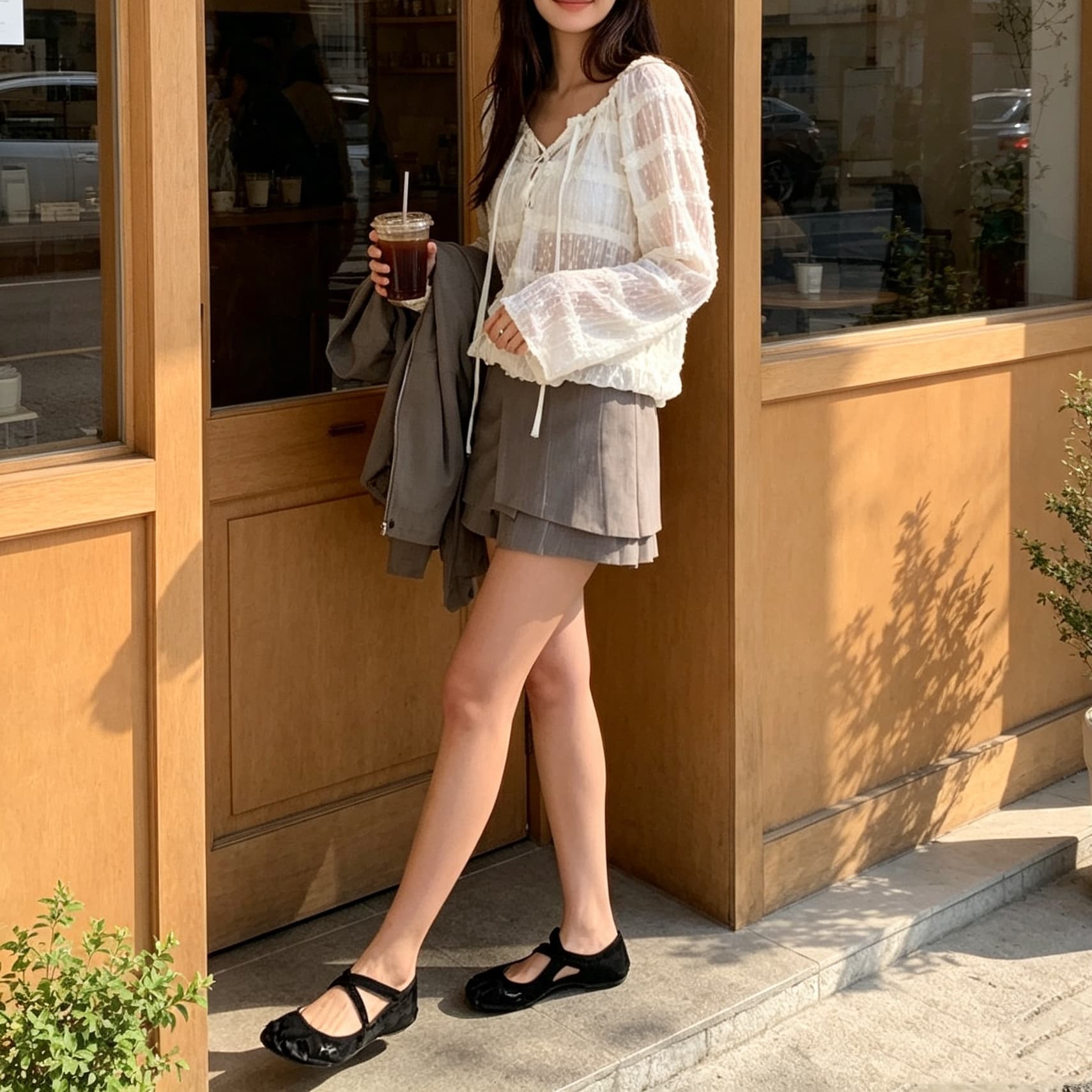 있음 선적 한 부서 다용도 반 개방 칼라 레이스업 공예 프릴 쉬폰 긴팔 맨위 상세 이미지 6