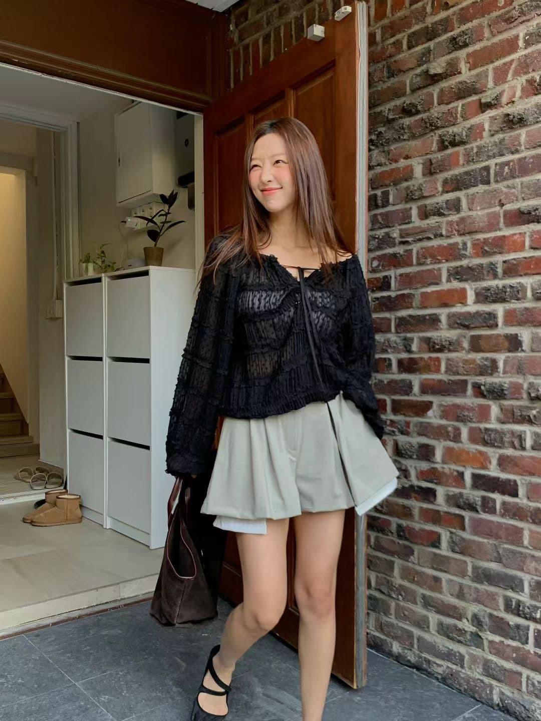있음 선적 한 부서 다용도 반 개방 칼라 레이스업 공예 프릴 쉬폰 긴팔 맨위 상세 이미지 17