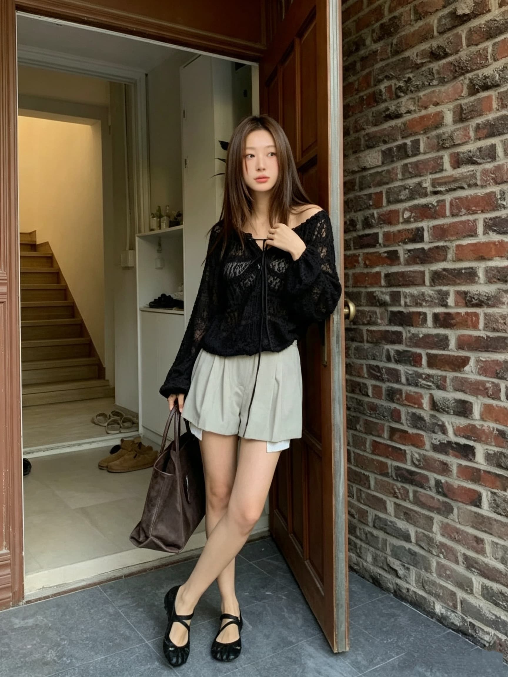 있음 선적 한 부서 다용도 반 개방 칼라 레이스업 공예 프릴 쉬폰 긴팔 맨위 상세 이미지 19
