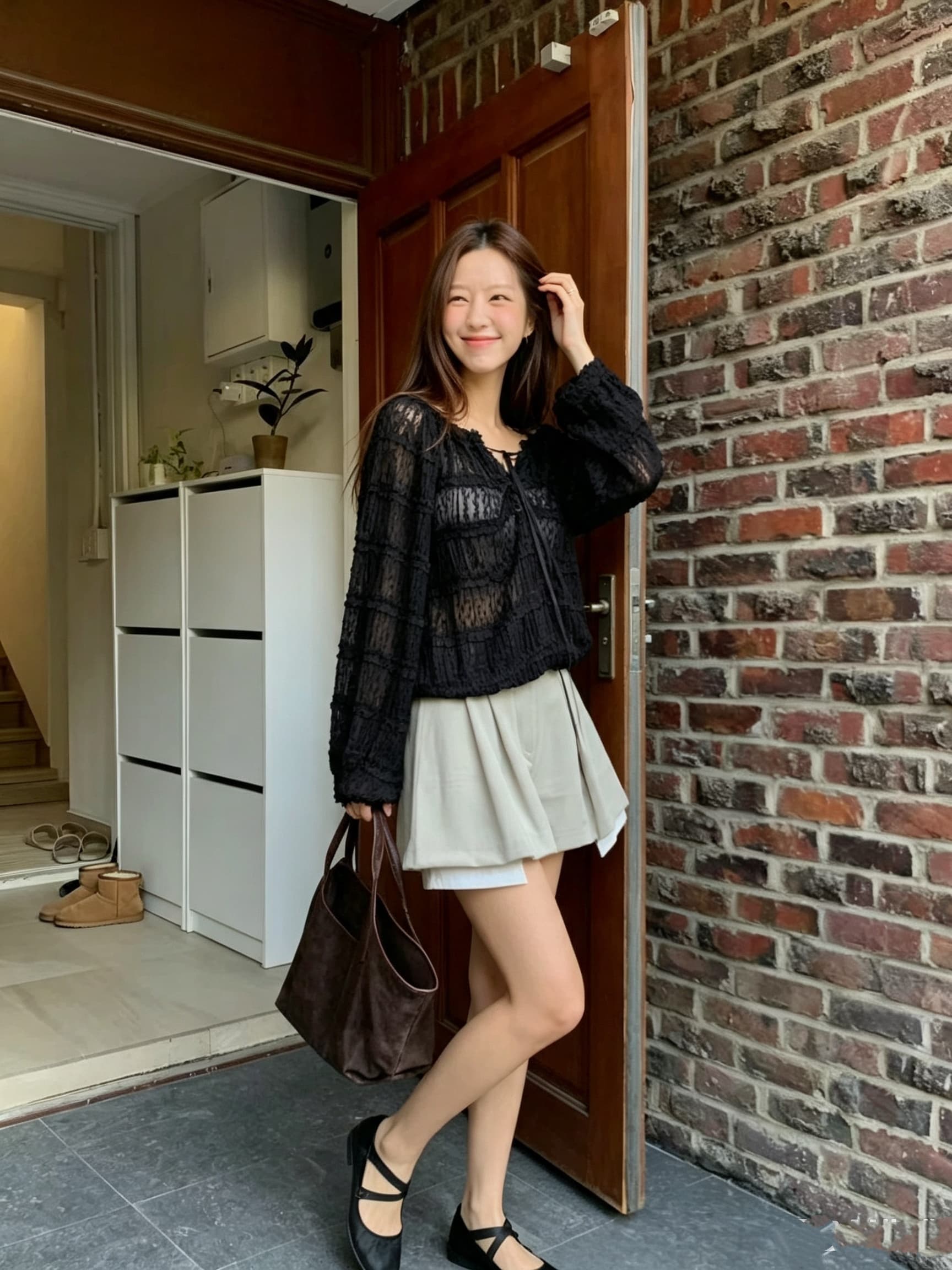 있음 선적 한 부서 다용도 반 개방 칼라 레이스업 공예 프릴 쉬폰 긴팔 맨위 상세 이미지 21