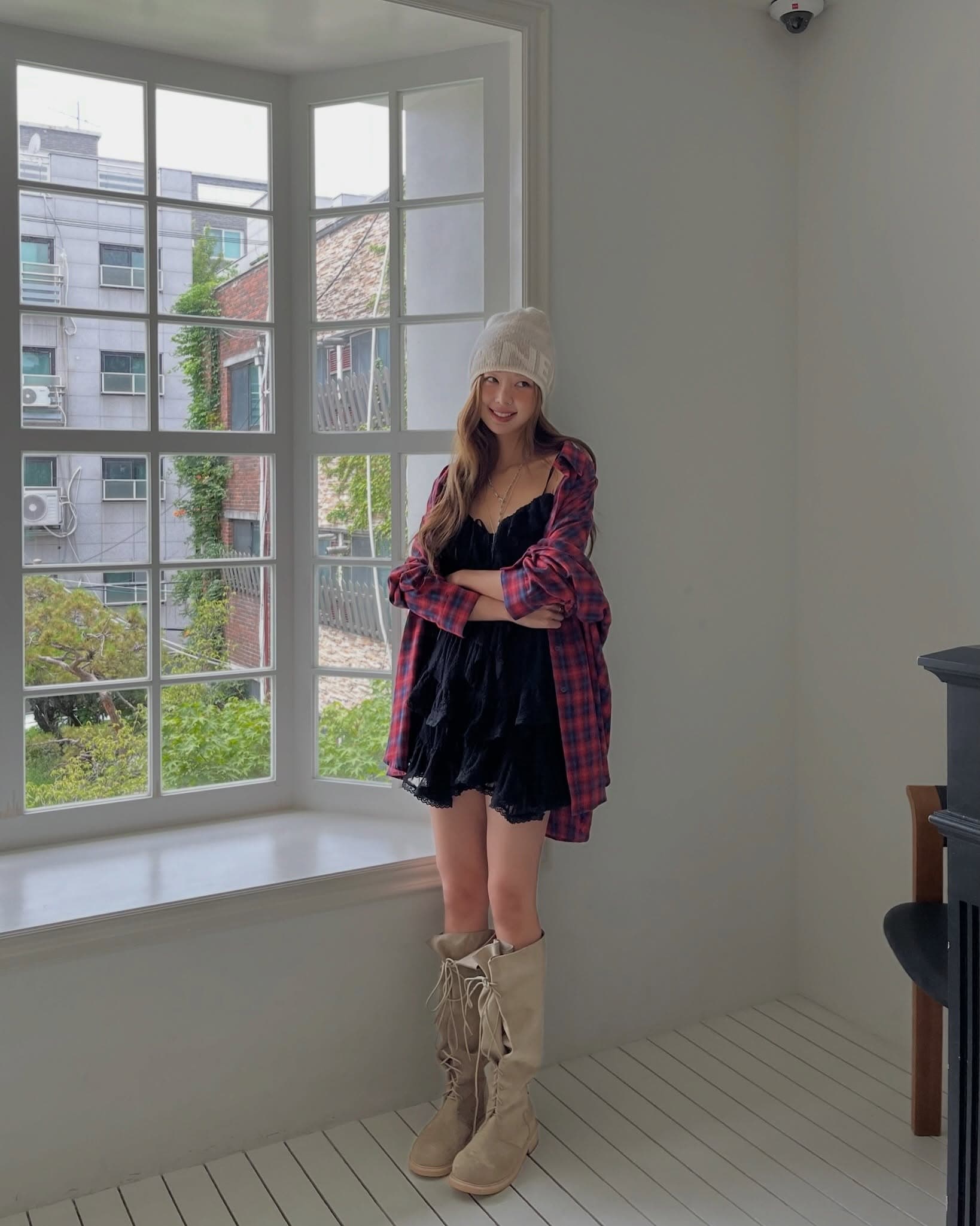 chic 다용도 개성 미니멀리즘 이른 가을 체크무늬 긴팔 자외선 차단 의류 셔츠 상세 이미지 6