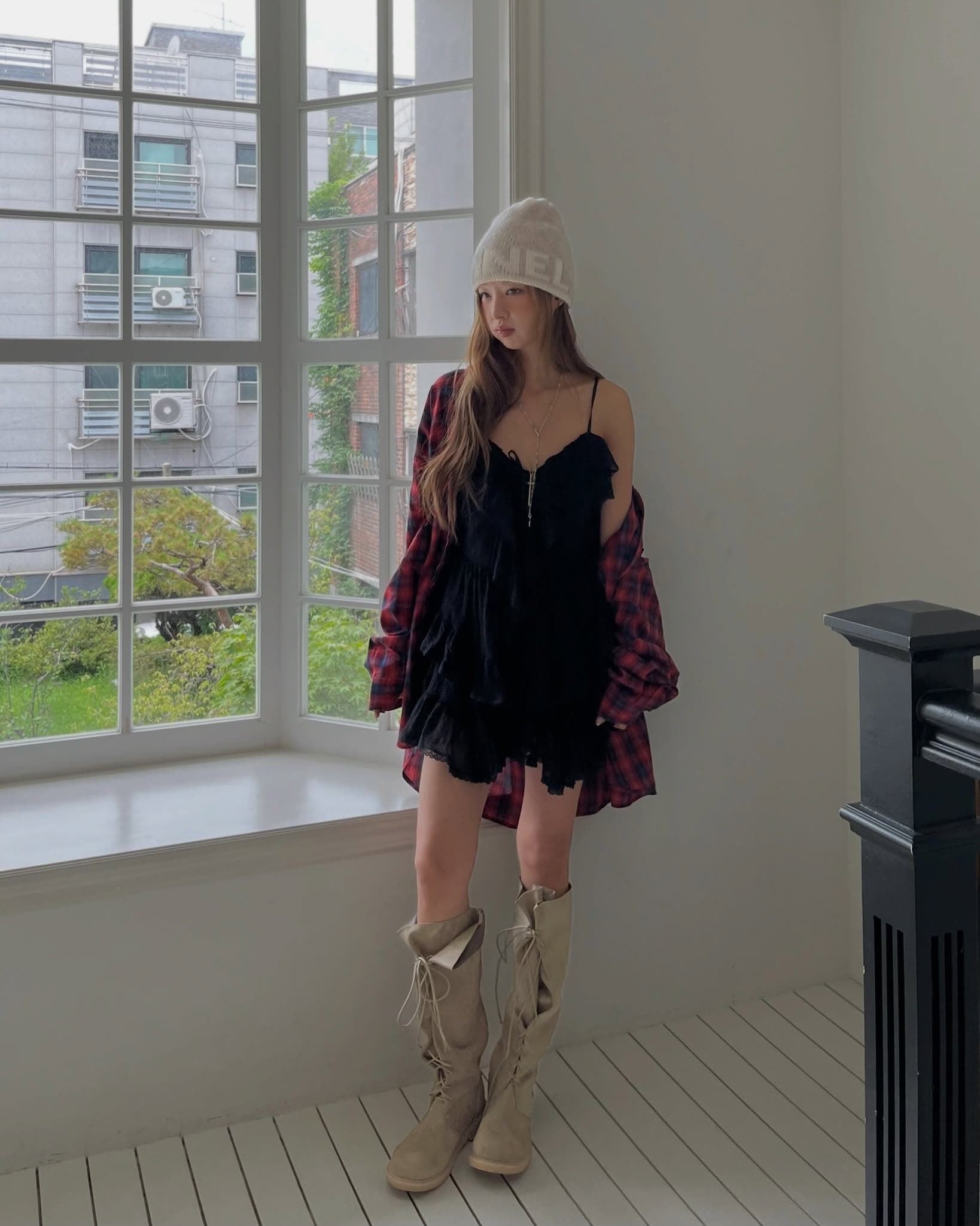 chic 다용도 개성 미니멀리즘 이른 가을 체크무늬 긴팔 자외선 차단 의류 셔츠 상세 이미지 7