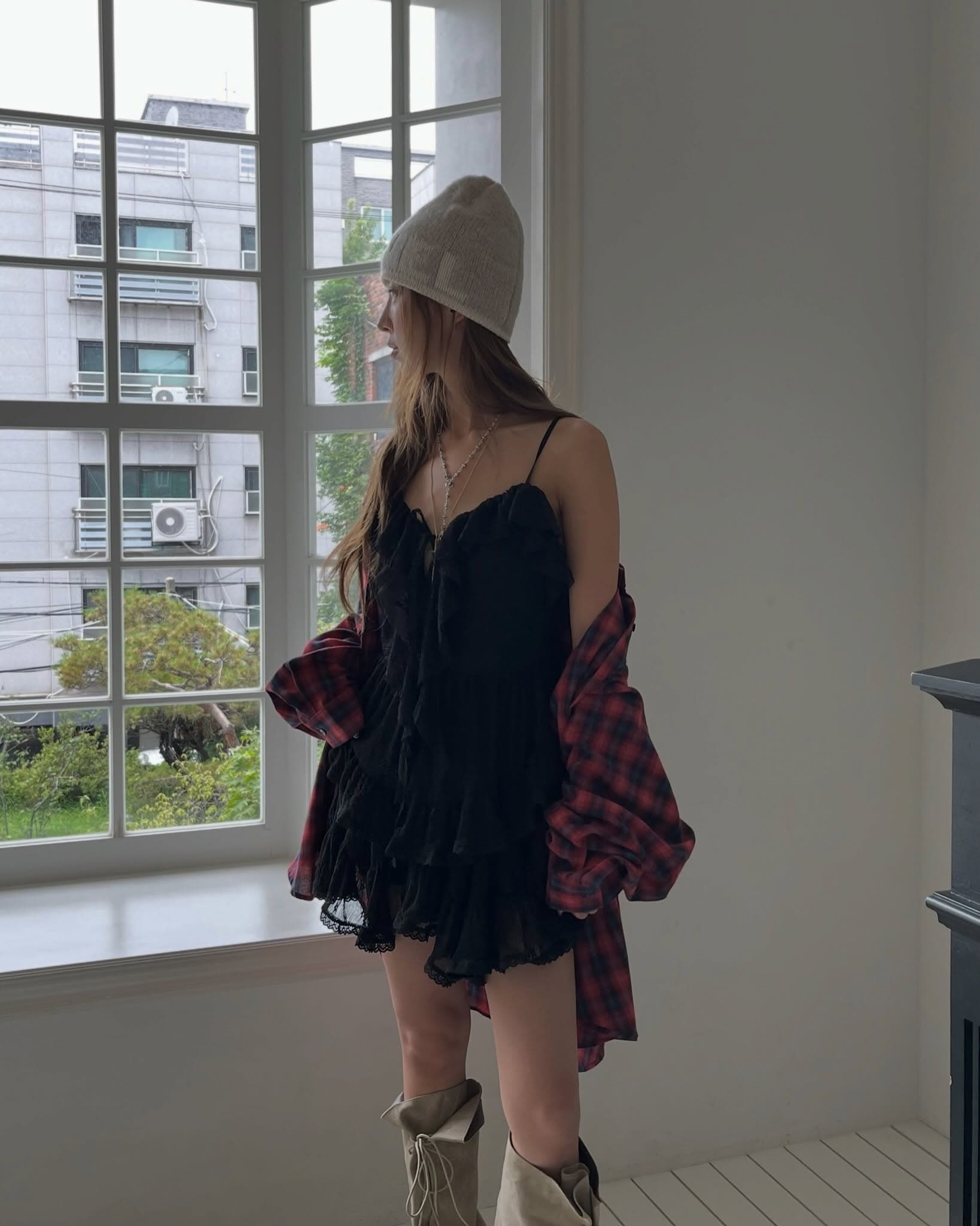 chic 다용도 개성 미니멀리즘 이른 가을 체크무늬 긴팔 자외선 차단 의류 셔츠 상세 이미지 8