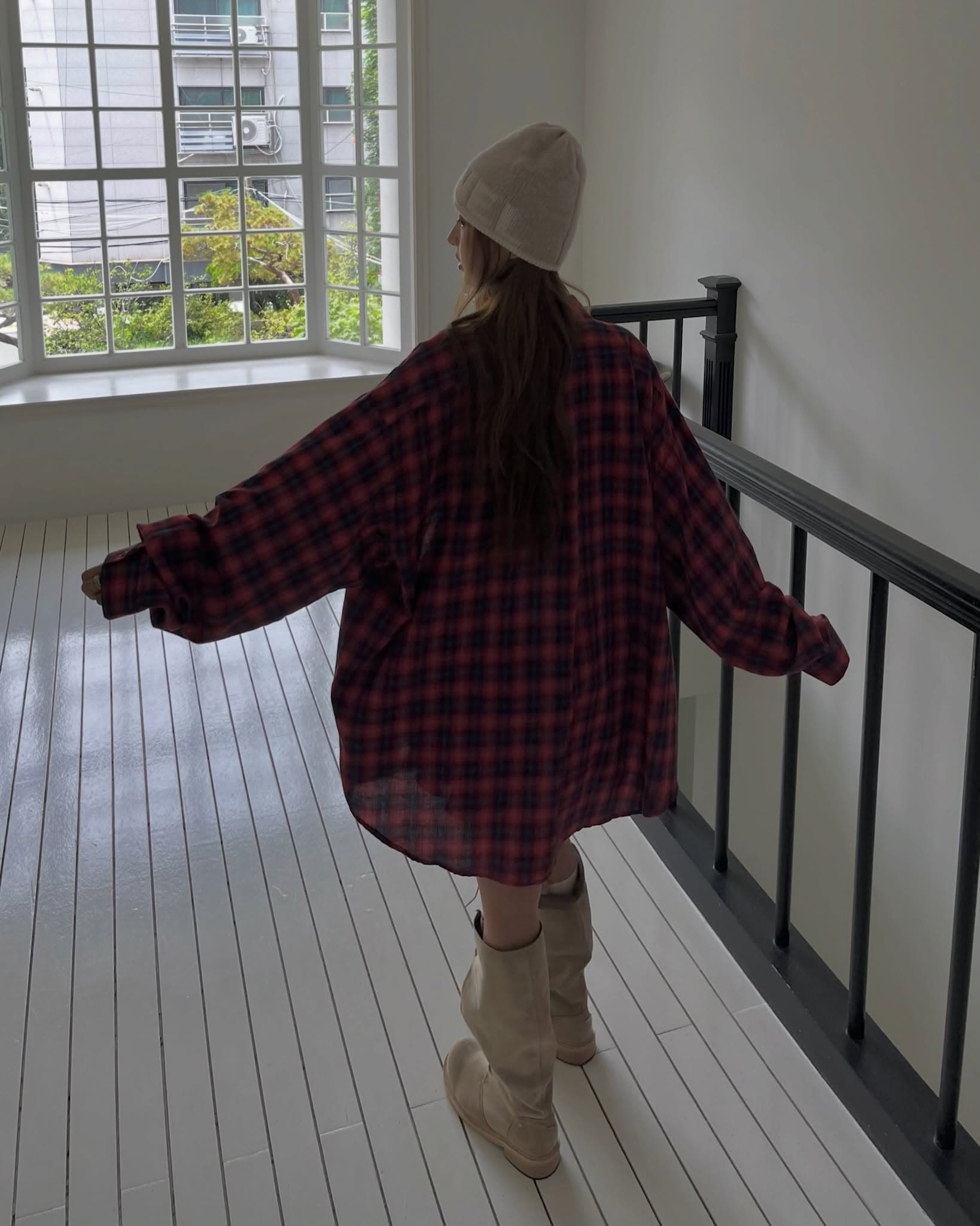 chic 다용도 개성 미니멀리즘 이른 가을 체크무늬 긴팔 자외선 차단 의류 셔츠 상세 이미지 14