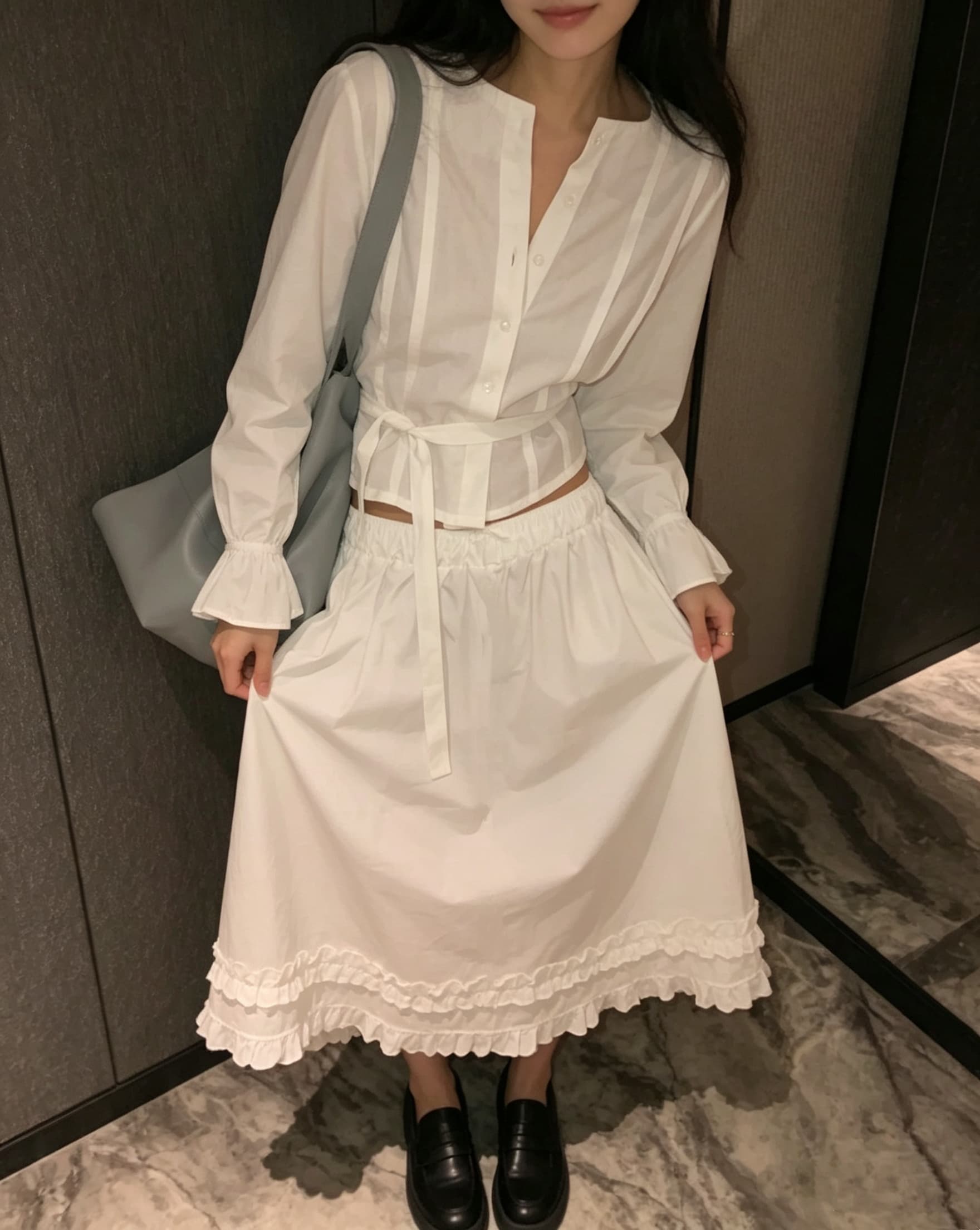 chic 다용도 작은 대중 패션 캐주얼 싱글 줄 버튼 출퇴근 셔츠 허리밴드 반신 스커트 7부 바지 투피스 세트