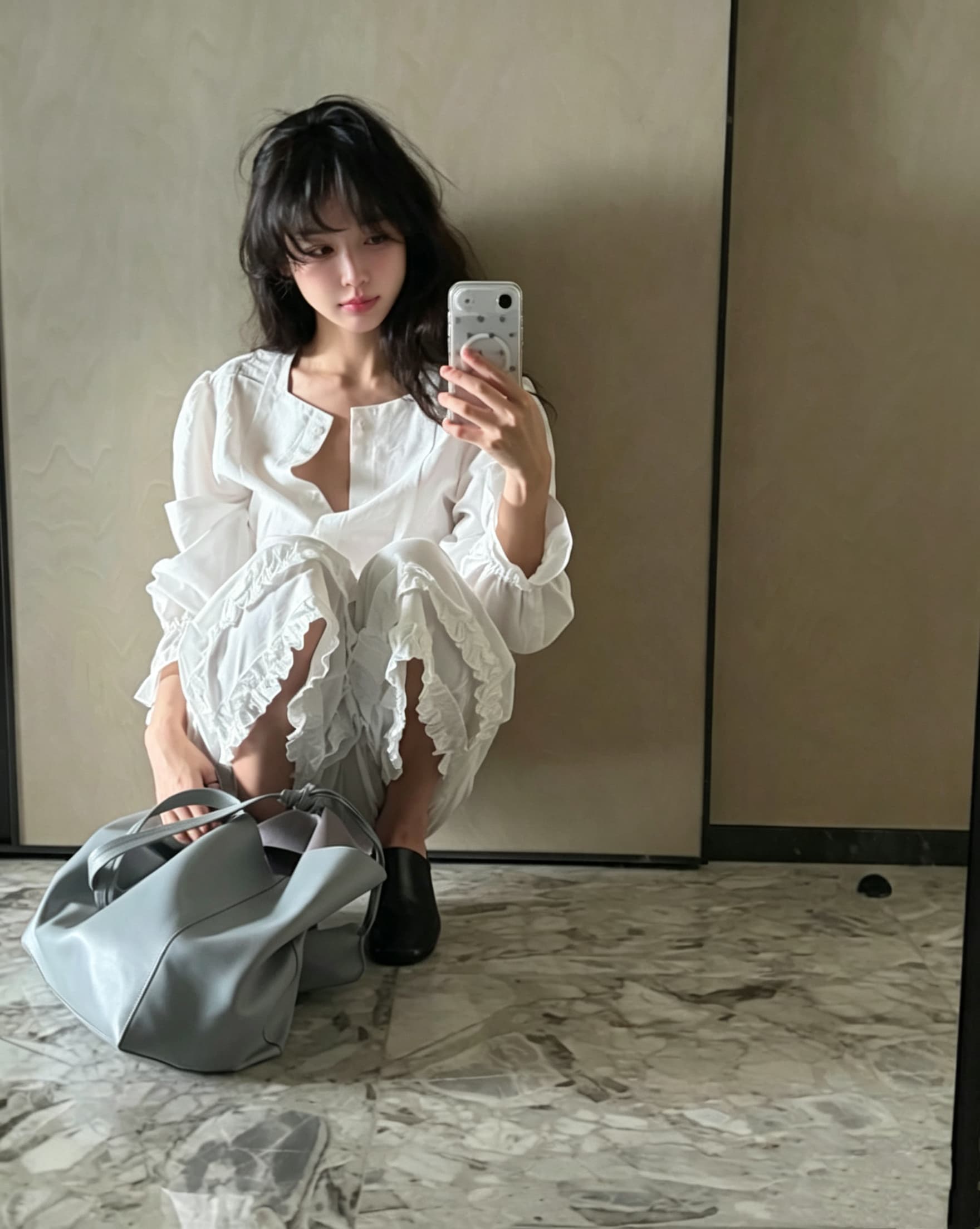 chic 다용도 작은 대중 패션 캐주얼 싱글 줄 버튼 출퇴근 셔츠 허리밴드 반신 스커트 7부 바지 투피스 세트 이미지 2