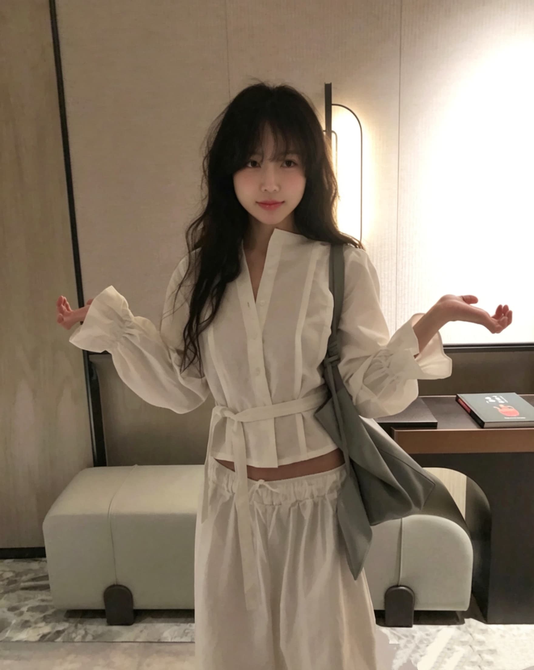 chic 다용도 작은 대중 패션 캐주얼 싱글 줄 버튼 출퇴근 셔츠 허리밴드 반신 스커트 7부 바지 투피스 세트 이미지 4